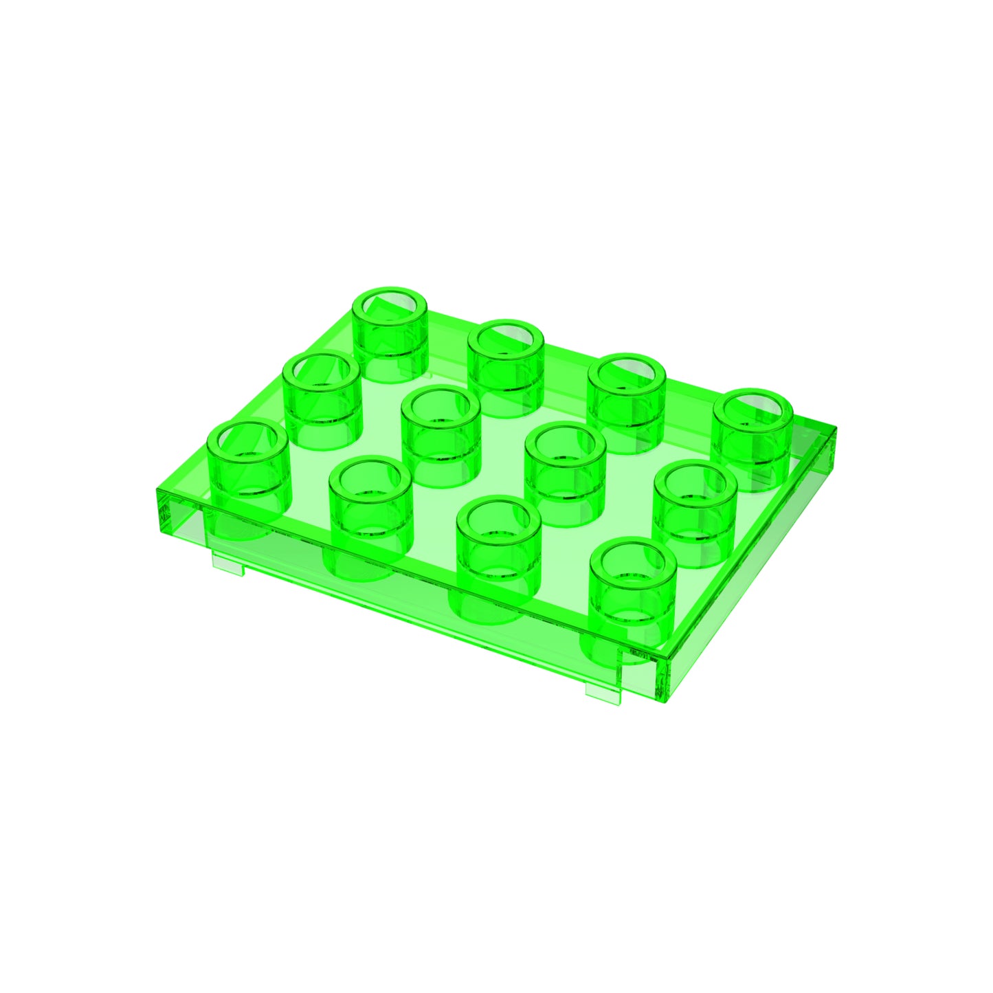 A bright green, transparent plastic E-Blox® Circuit Blox™ Battery Cover with eight studs arranged in two rows of four. The square-shaped cover is made of see-through material, demonstrating typical LEGO design and texture. It could easily serve as a battery cover for Circuit Blox. The piece is placed on a white background.