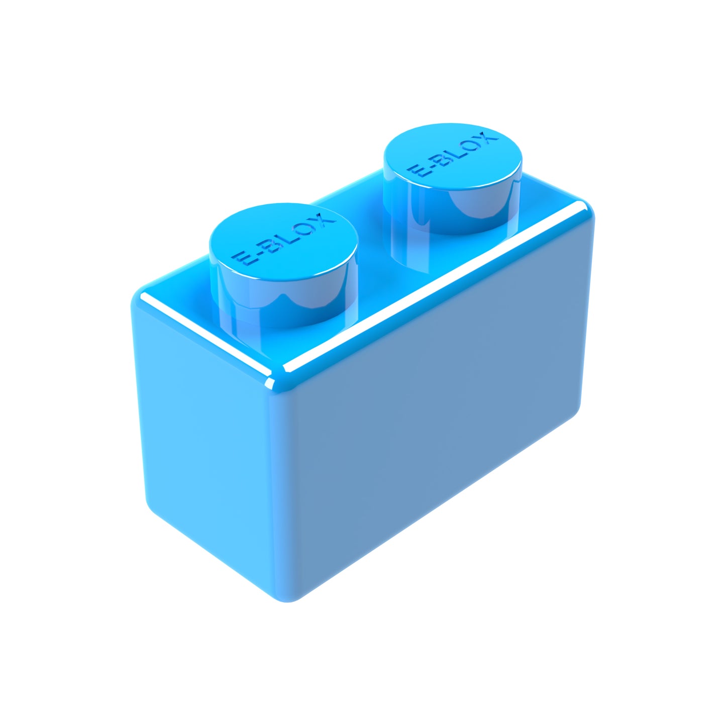 The E-Blox 1x2 Block, in blue, is a glossy rectangular piece with two round top pegs viewed at an angle. "BLOCK" is printed on the pegs. This block is part of a set offered in seven colors.