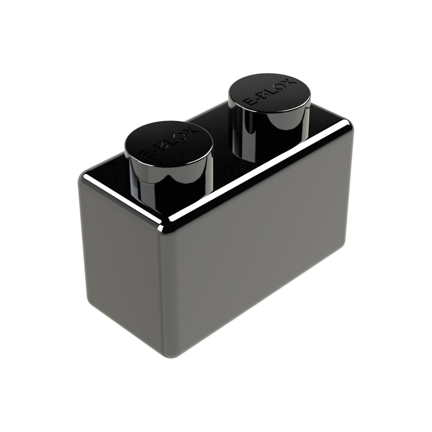 A shiny black E-Blox 1x2 plastic block with two circular studs, ideal for construction toys and available in 7 colors for creative designs.