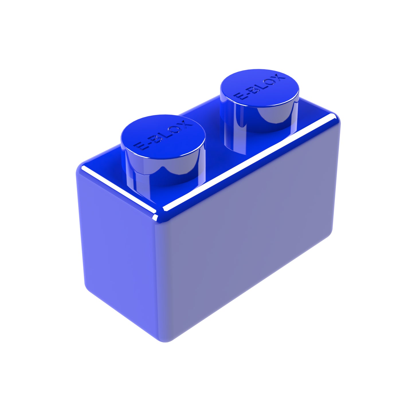 A blue E-Blox 1x2 plastic block, rectangular with two studs on top, is shown against a white background.