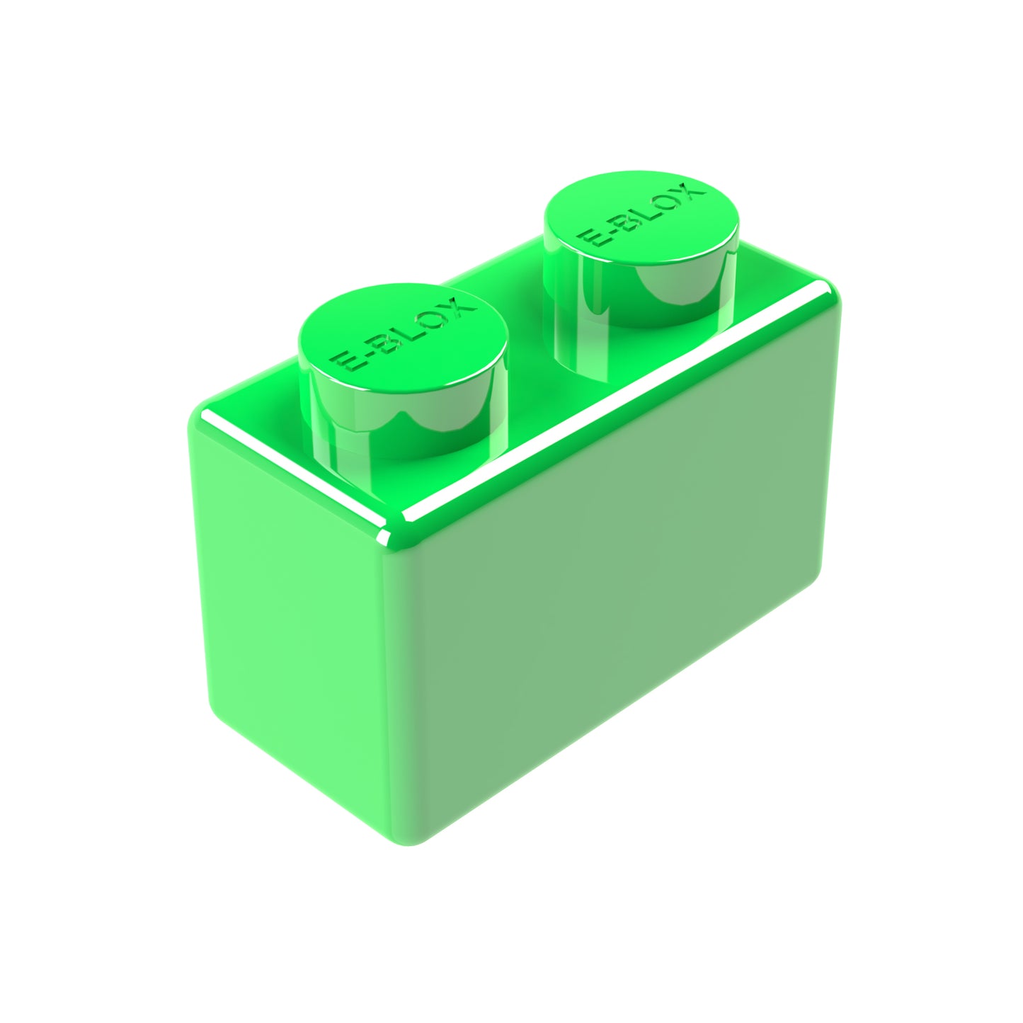 A glossy green 1x2 rectangular block, marked "E-Blox," with two circular studs on top, is showcased against a white background. This toy building block is part of a vibrant collection in 7 colors, ideal for creative construction.