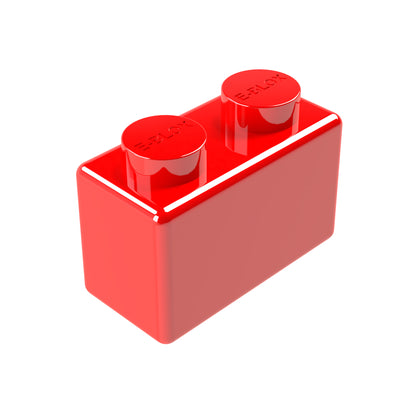 A single E-Blox 1x2 Block in red, with two raised circular studs on top, is set against a white background.