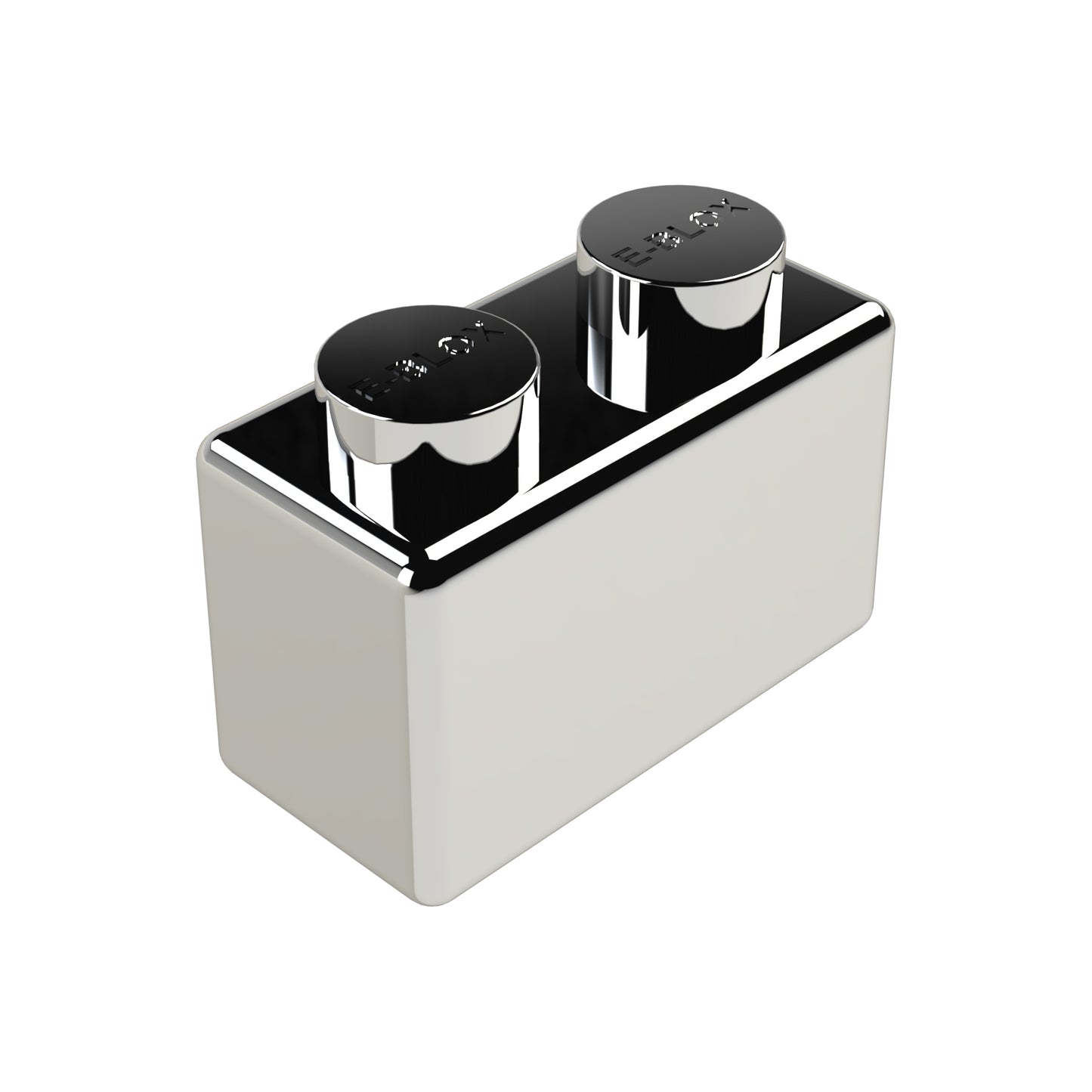 A shiny, metallic E-Blox 1x2 Block with two circular protrusions on top resembles a minimalist building block. Crafted from reflective, conductive tin, it boasts a polished modern look and is available in 7 different colors.