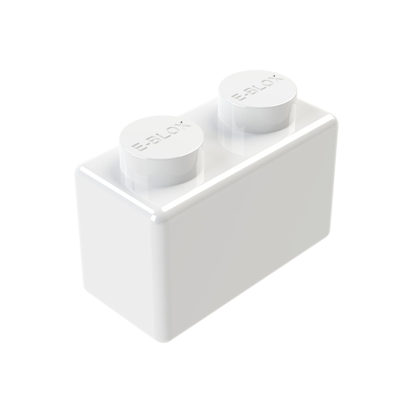 A sleek white 1x2 Block from E-Blox features two cylindrical studs on top, set against a plain white background. Its timeless design comes in 7 colors or can be made with conductive tin for added utility.