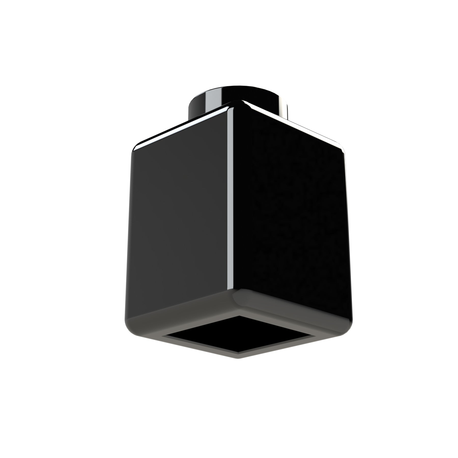 A modern and minimalistic black rectangular bottle with a glossy finish, designed by E-Blox, resembles the 1x1 Block and features a short, flat top against a white background.