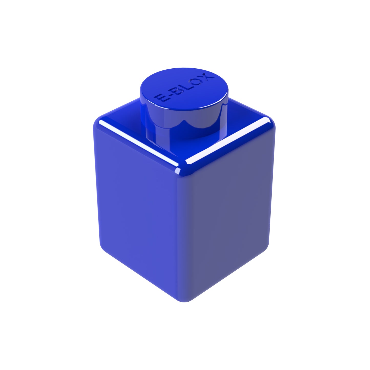 A glossy, shiny, blue 1x1 Block with a cylindrical peg on top gleams against a white background. Embossed with "E-Blox," it suggests the exciting potential of conductive tin and the creative possibilities of connecting in 7 different colors.