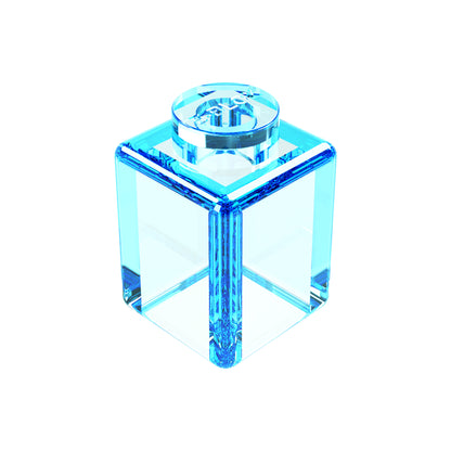 The E-Blox 1x1 Block is a transparent, blue-tinted cube with clear edges and a circular top attachment, ideal as an abstract art piece or modern decor. Available in 7 colors to match your unique style.