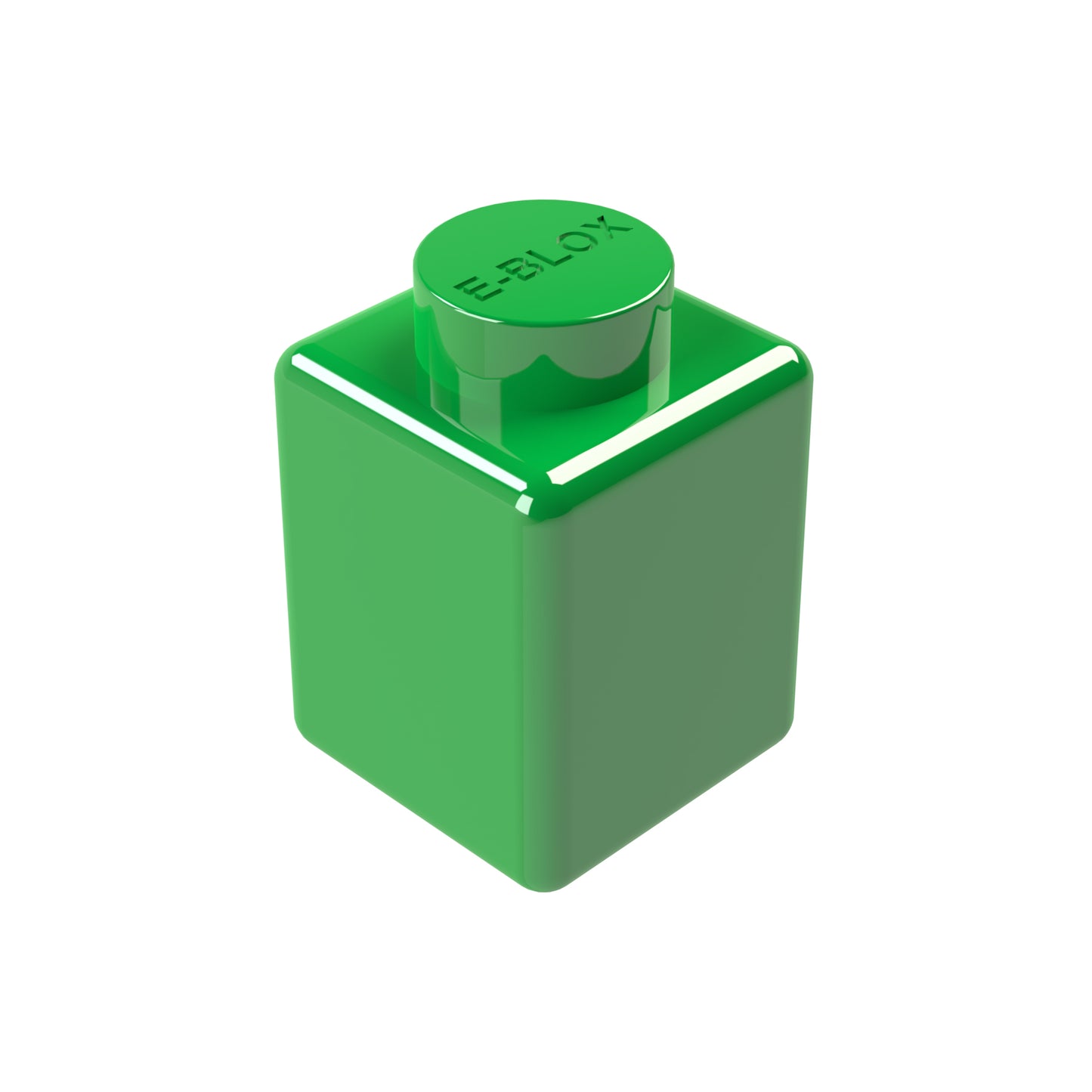 A glossy green 1x1 E-Blox block features a round peg on top, etched with "E-BLOX," and showcases smooth surfaces and sharp edges against a plain white background. This conductive marvel is versatile, available in 7 different colors.