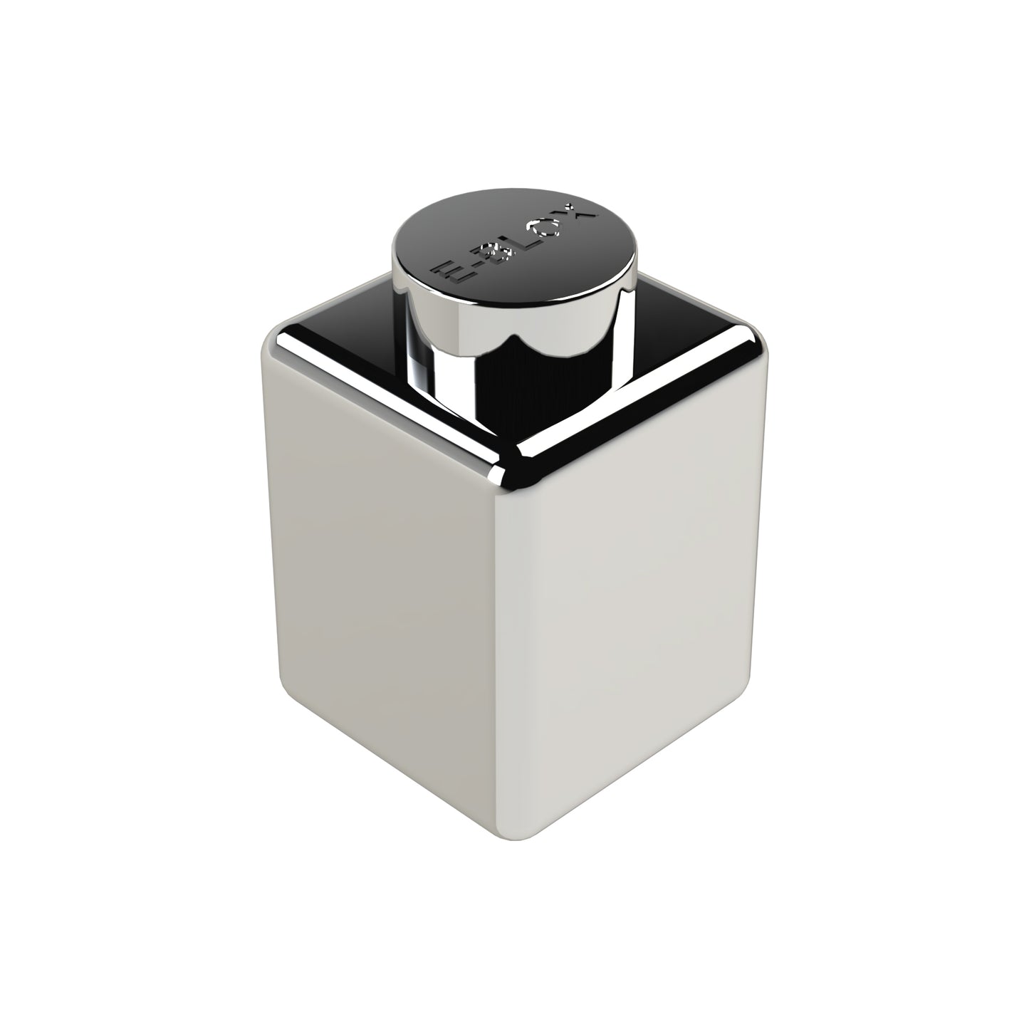 The 1x1 Block bottle by E-Blox features a modern, minimalist design with a sleek metallic square body and a shiny cylindrical conductive tin cap engraved with text. Its reflective surface is available in seven colors.