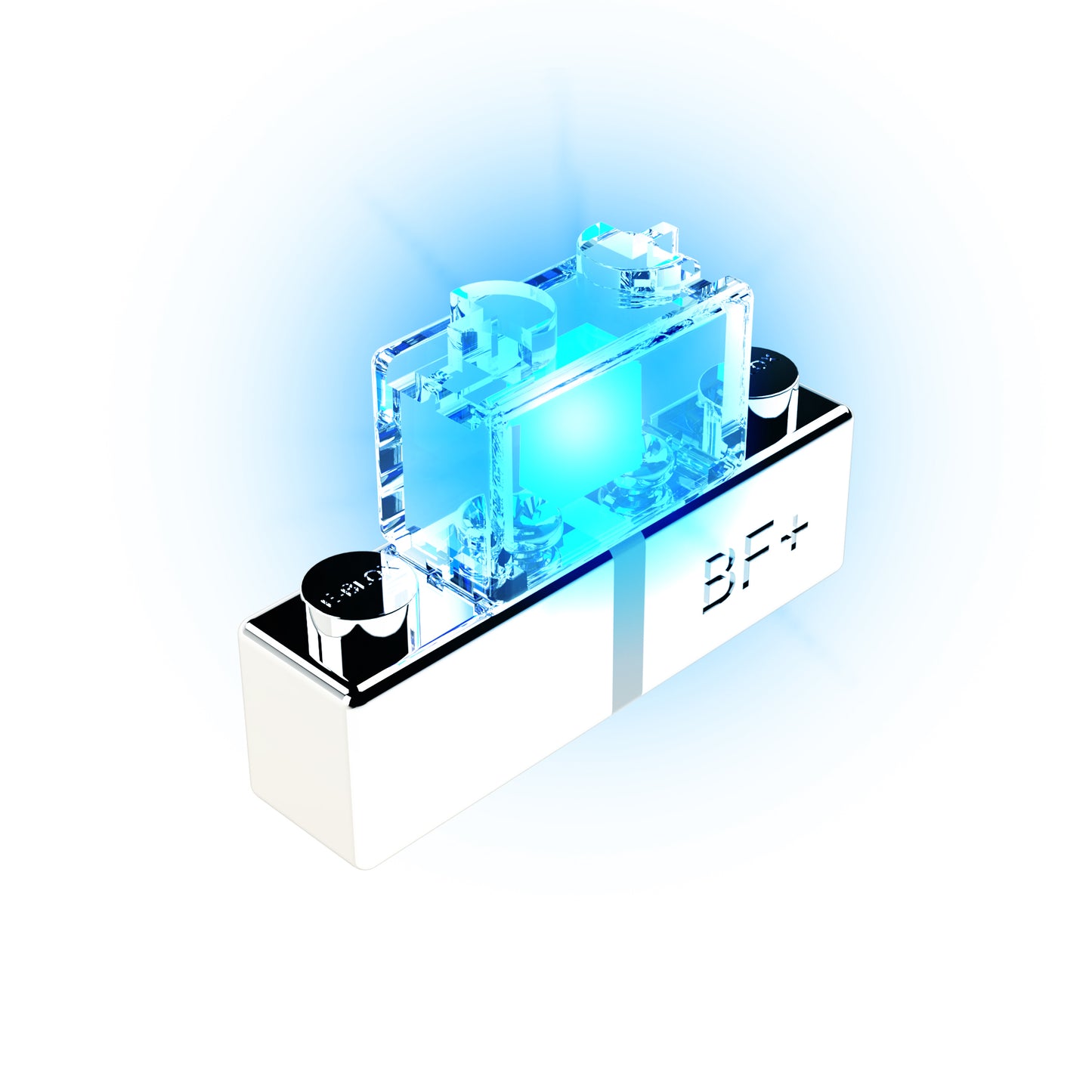 A translucent electronic component emitting a blue light sits on a white rectangular base labeled "BF+." The sleek, modern design with a glowing effect suggests an advanced technological device, likely the LED - Flashing Color from E-Blox.