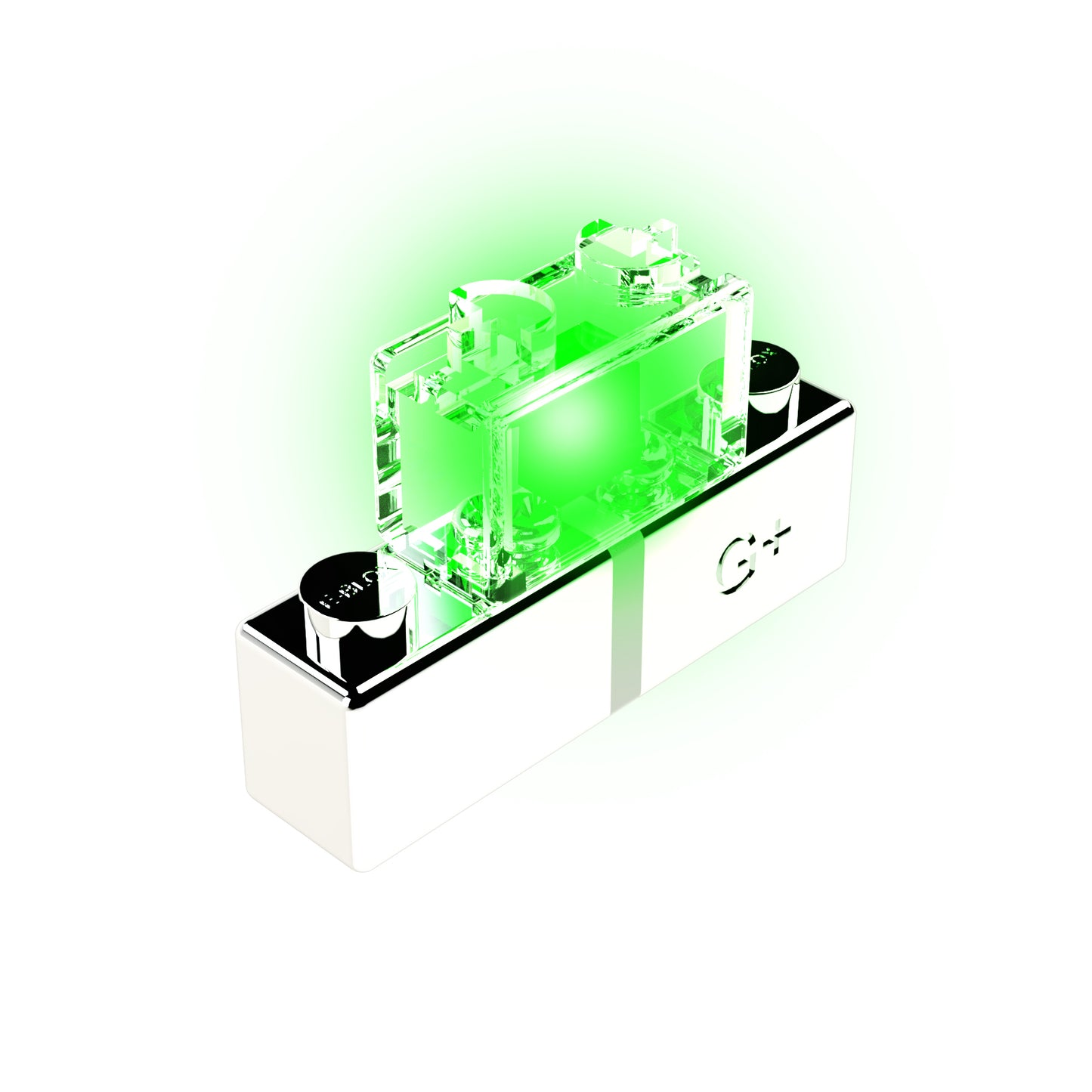 The LED - Solid Color from E-Blox is a minimalistic, transparent, rectangular gadget that emits a solid green LED glow. It has a white base featuring a "+" symbol on the side. The futuristic design makes it look like an advanced tech device or component, possibly related to electronics or energy. It's also available in other colors such as blue.