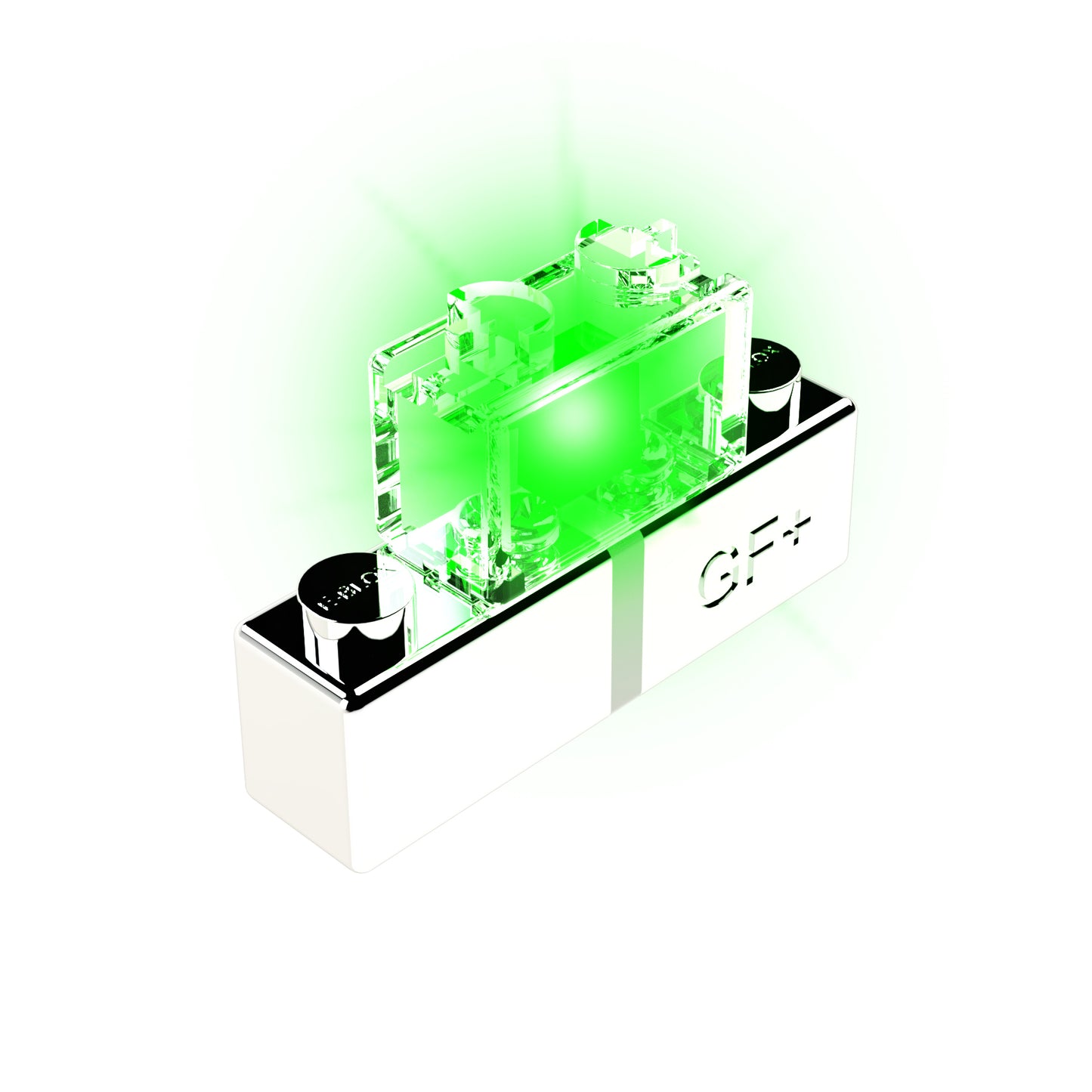 A small, reflective rectangular device with a glowing green light at the top. The front side has the letters "CF+" engraved. Featuring a modern and sleek design, primarily white and metallic in color, this LED - Flashing Color device from E-Blox has an illuminated central section capable of flashing 7 different colors.