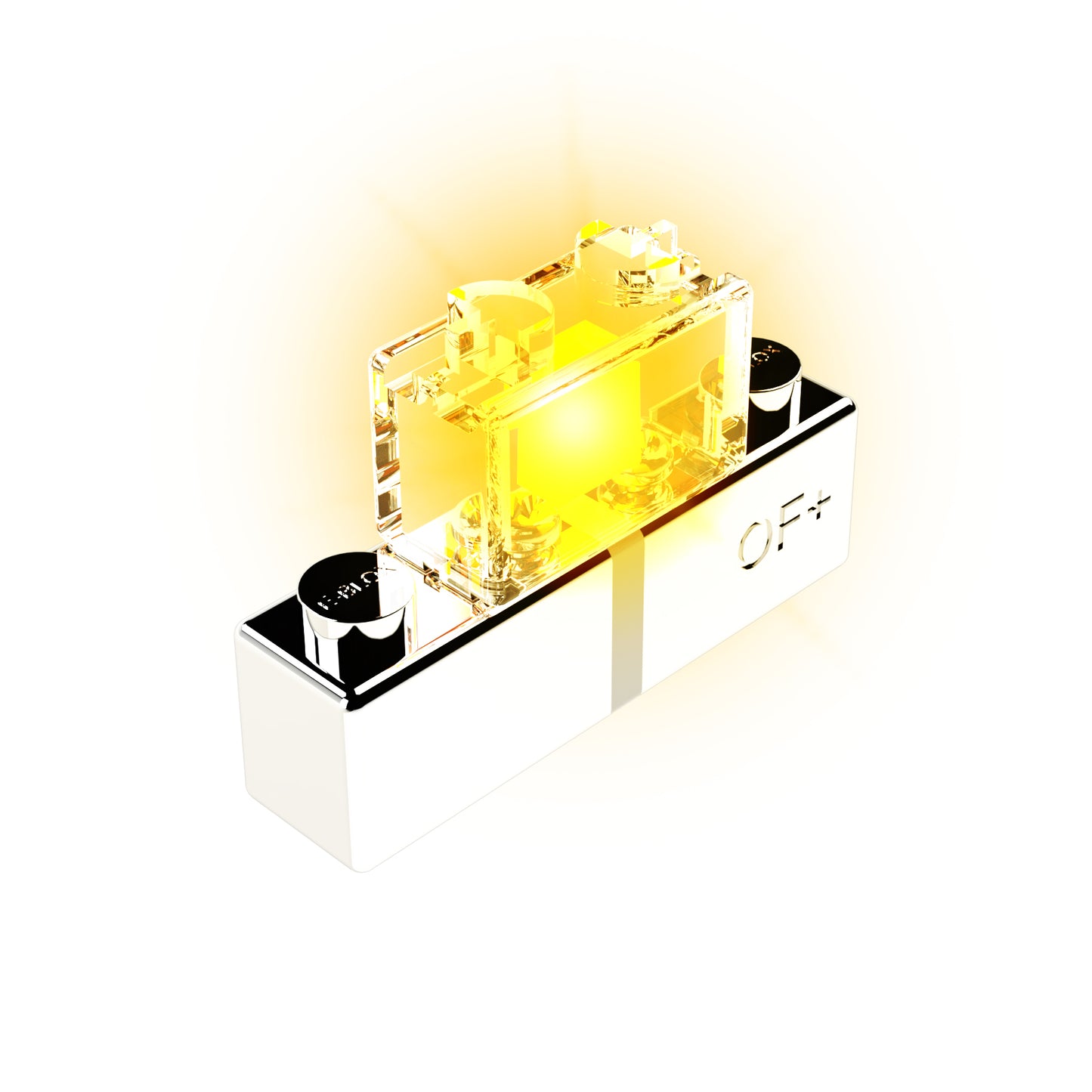 The E-Blox LED - Flashing Color features a yellow, rectangular LED that emits a bright glow and is mounted on a glossy white base. The base has black circular elements on either side and displays "+" and "-" symbols to indicate electrical polarity. This versatile LED can flash in 7 different colors, enhancing its vibrant display.