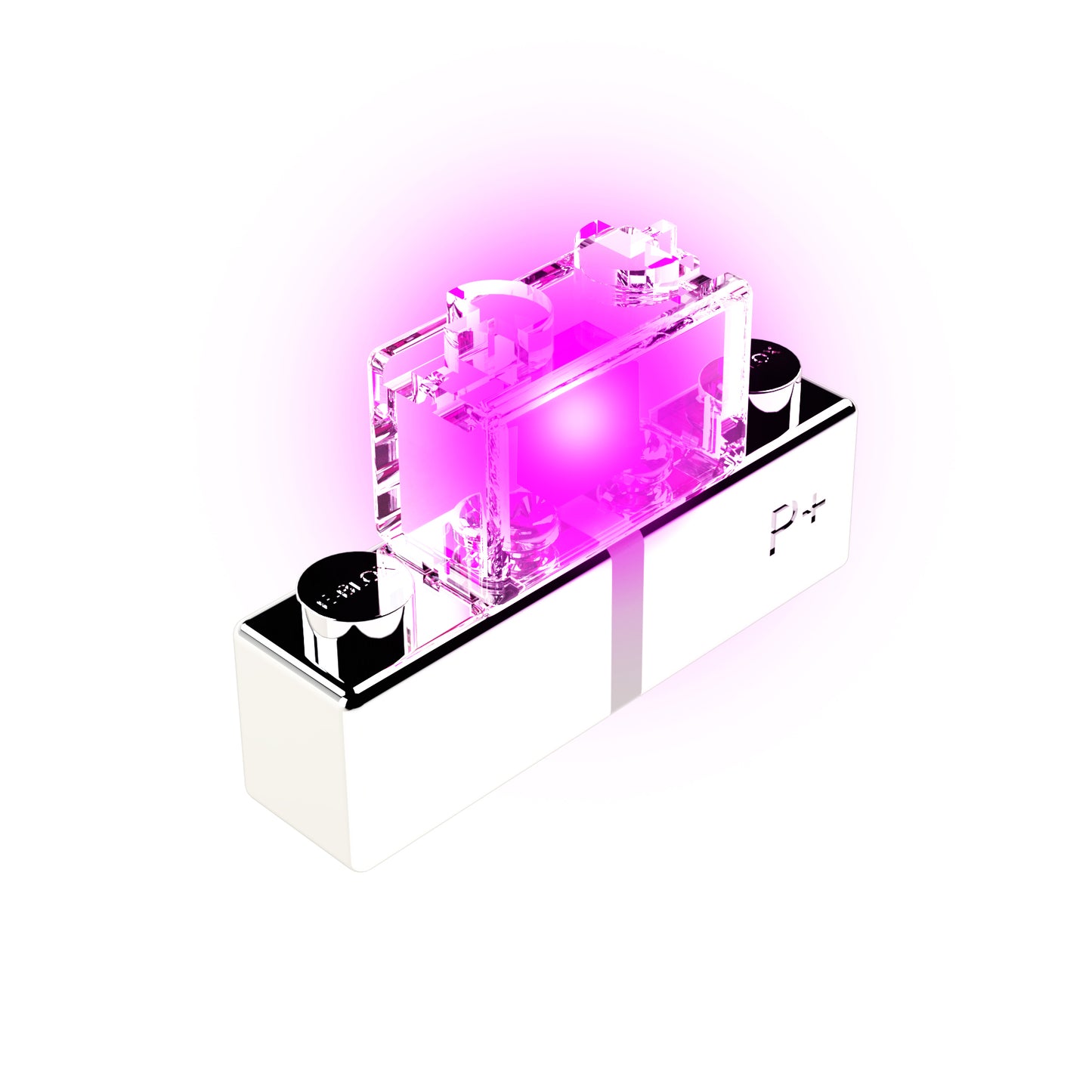 A transparent electronic component from E-Blox emits a vibrant, radiant purple light, showcasing its LED - Solid Color glory. Mounted on a small, rectangular white base with black accents and marked with a "P+" on one side, the sleek and modern design highlights the illuminated core beautifully.