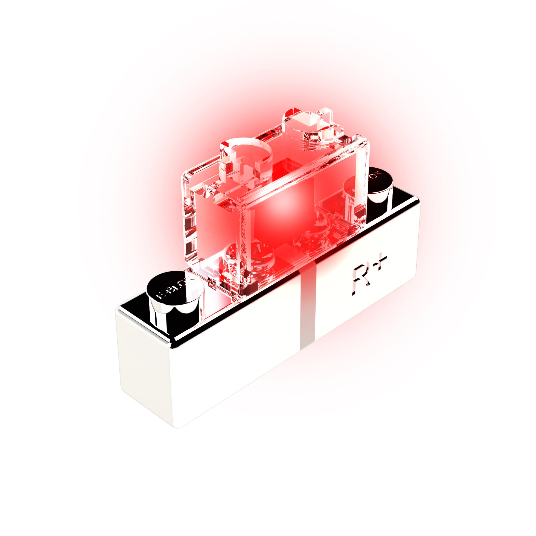 A close-up image of a transparent Lego brick with a red E-Blox LED - Solid Color glowing inside it. The brick is connected to a white base with black terminals marked with "+" and "-". The overall design, featuring elements in different colors, appears minimalistic and futuristic.