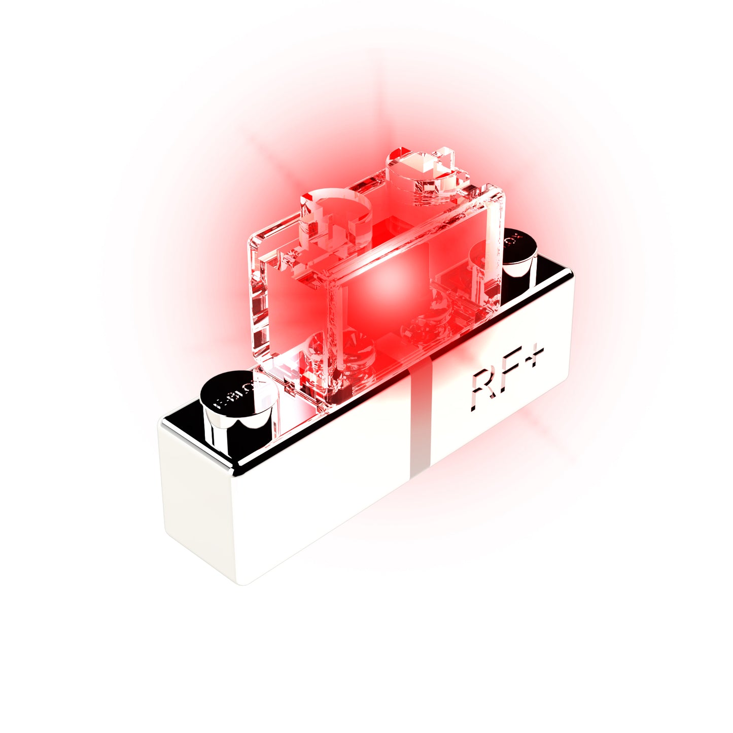 A transparent electronic component, resembling a fuse or relay, mounted on a rectangular base labeled "RF+". The component, known as the LED - Flashing Color by E-Blox, emits flashing colors and cycles through 7 different colors to indicate it is active or powered on.