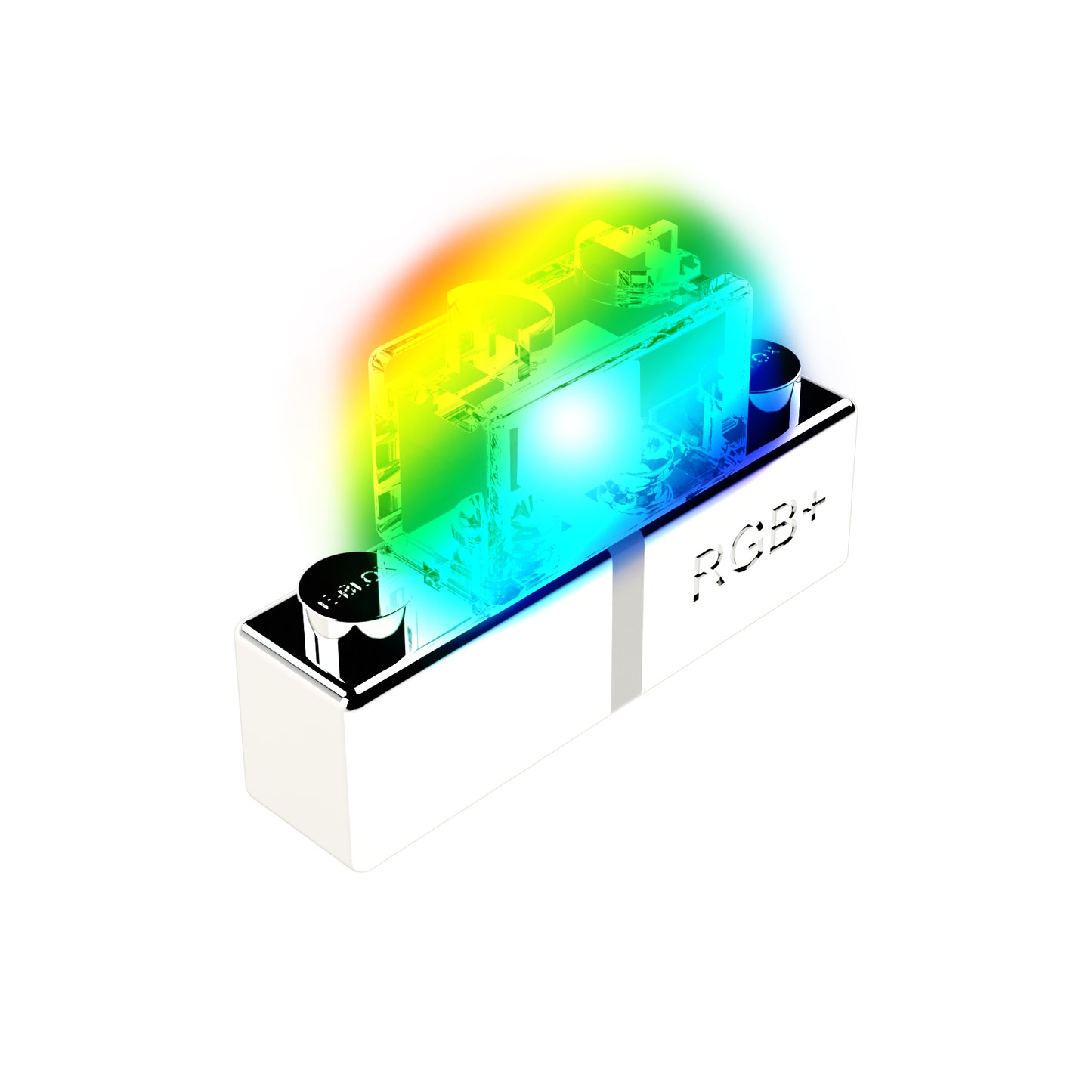 The E-Blox LED - RGB Color Changing module is depicted emitting captivating gradients that transition smoothly from red to green to blue. This rectangular electronic component, mounted on a small white base labeled "RGB+," incorporates an LED light source housed in a clear casing atop the base.