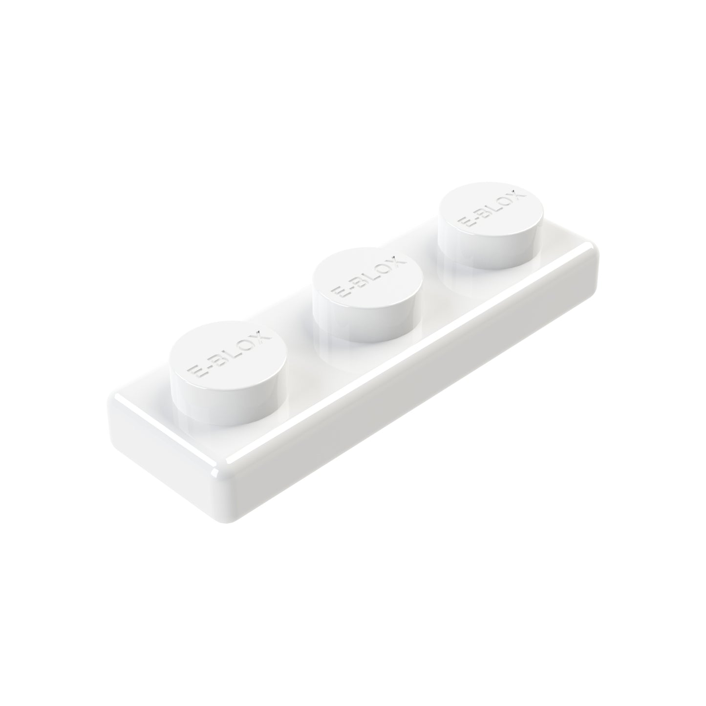 A white rectangular block branded as "E-Blox", featuring three evenly spaced, round studson top labeled "E-PLOX". The minimalist and sleek design boasts a shiny, smooth finish. This 1x3 Plate is available in 7 different colors, offering versatility to its elegant aesthetic.