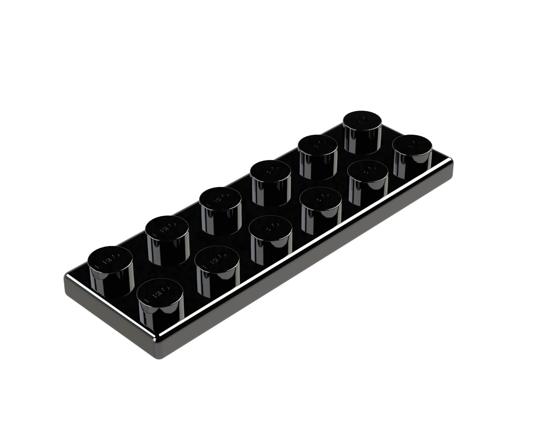 An E-Blox 2x6 Plate in black, featuring twelve raised cylindrical knobs arranged in two parallel rows of six, resembles a large LEGO brick or a similar building toy piece. The glossy surface reflects light, hinting at the conductive tin used. The background is plain white.