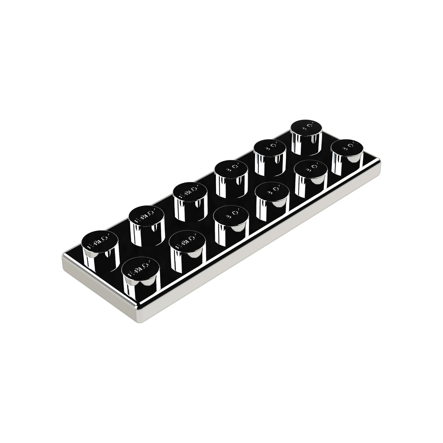 The E-Blox 2x6 Plate features a horizontal, rectangular base holding two parallel rows of shiny, cylindrical tin knobs, each with inscriptions on their tops. Both the plate and the conductive metallic knobs are reflective, presenting a polished and sleek appearance.