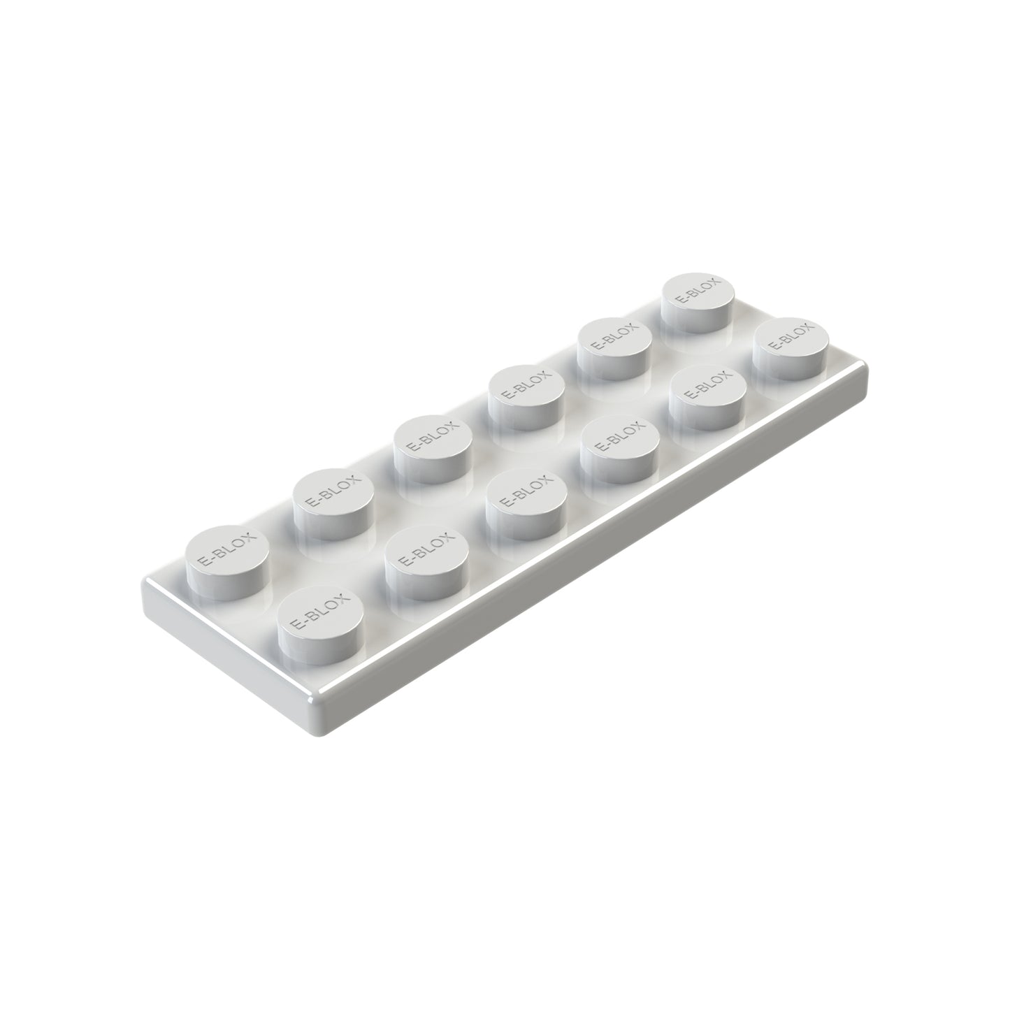 A white rectangular 2x6 Plate with twelve circular studs, branded as "E-Blox," available in 6 different colors.