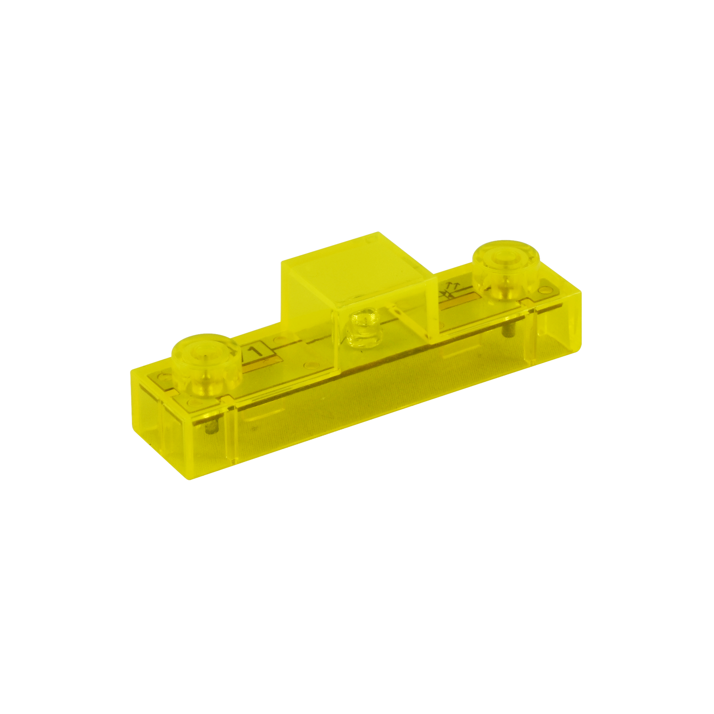 A transparent yellow LEGO®-style brick with a unique shape, featuring a central raised portion and two round studs on each end. This single-studded brick is part of the Circuit Blox™ 59 project Student Set by E-Blox®, designed to integrate seamlessly into your STEM Concepts Curriculum. Made of transparent plastic for easy visibility of internal components.
