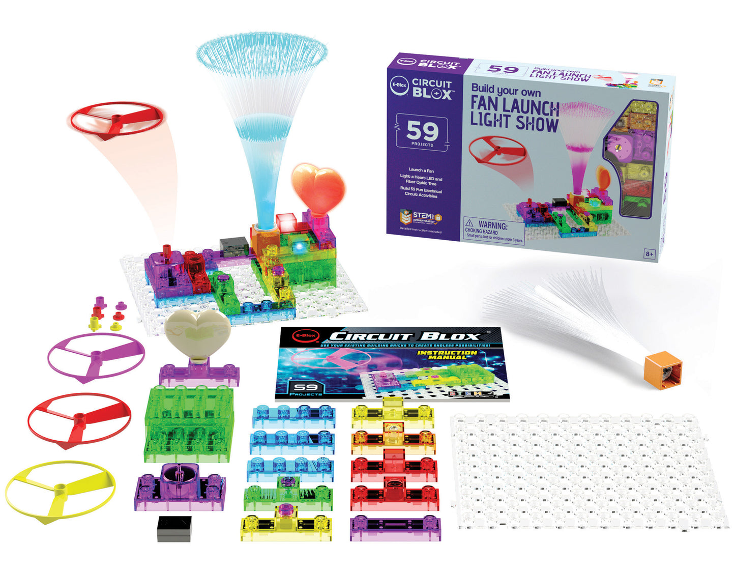 Experience the E-Blox Circuit Blox™ 59, a STEM building set for kids that includes 59 pieces such as colorful blocks, fans, light show elements, and a clear baseboard. The package features an example of an assembled project with launching fans and lighting effects to explore electricity.