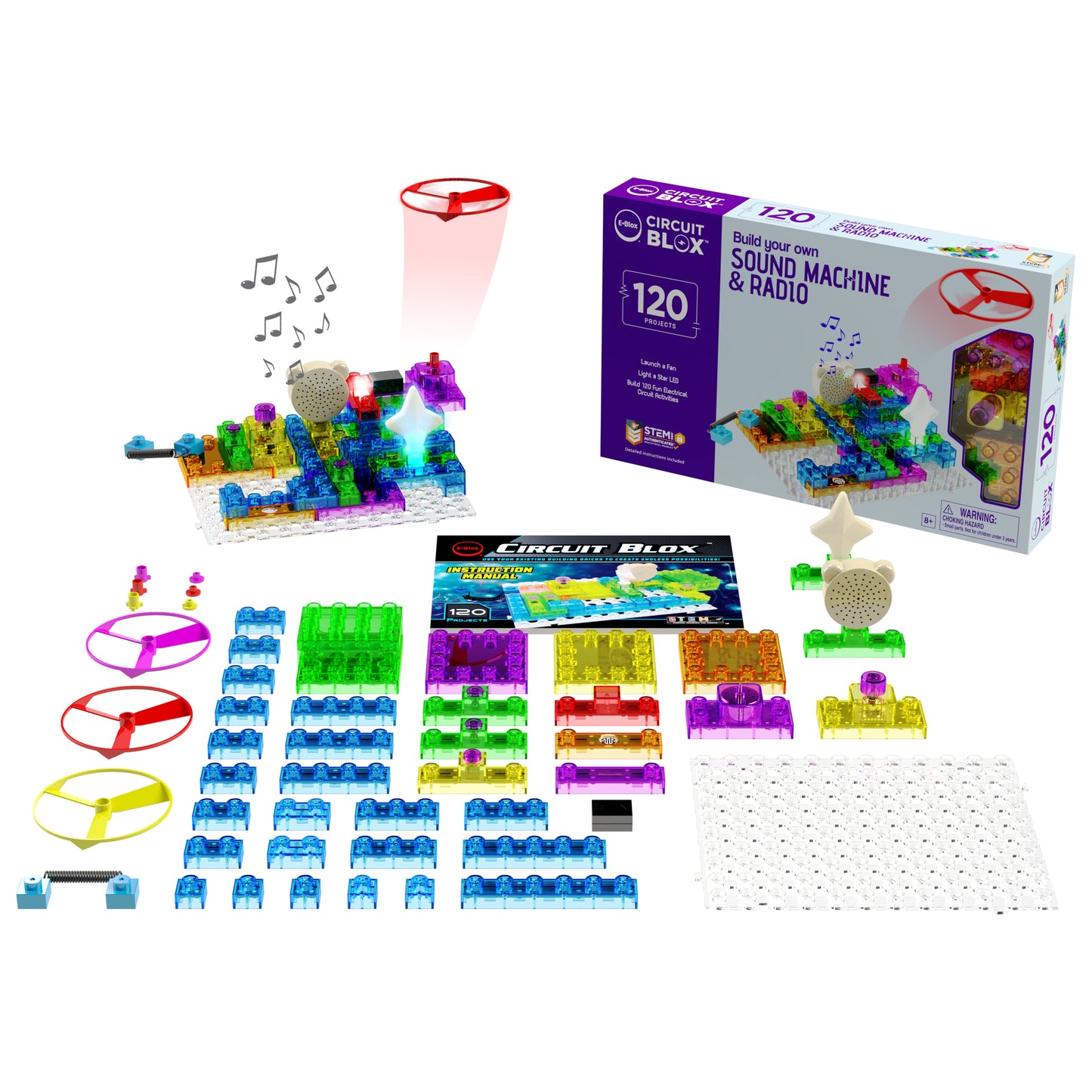 A vibrant Circuit Blox™ 120 Project Student Set - E-Blox® Circuit Board Building Blocks Educational Set with 120 pieces displayed alongside its box. The kit features an assortment of translucent blocks, propellers, a sound unit, and a base grid. The box highlights "Build your own Sound Machine & Radio" and emphasizes STEM curriculum attributes that comply with NGSS requirements.