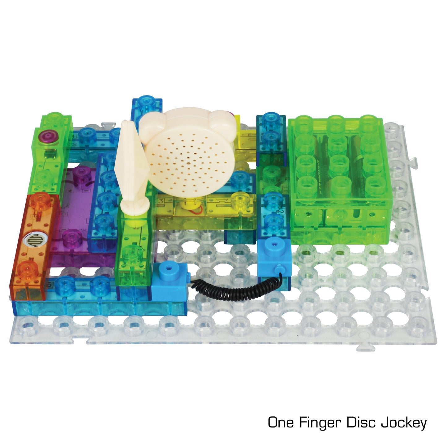 A vibrant Circuit Blox™ 120 Project Student Set by E-Blox®, integral to the STEM curriculum, features translucent plastic pieces, wires, and circuit components neatly arranged on a perforated clear base. The text at the bottom reads "One Finger Disc Jockey," and there is a white circular component resembling a speaker positioned at the upper center.