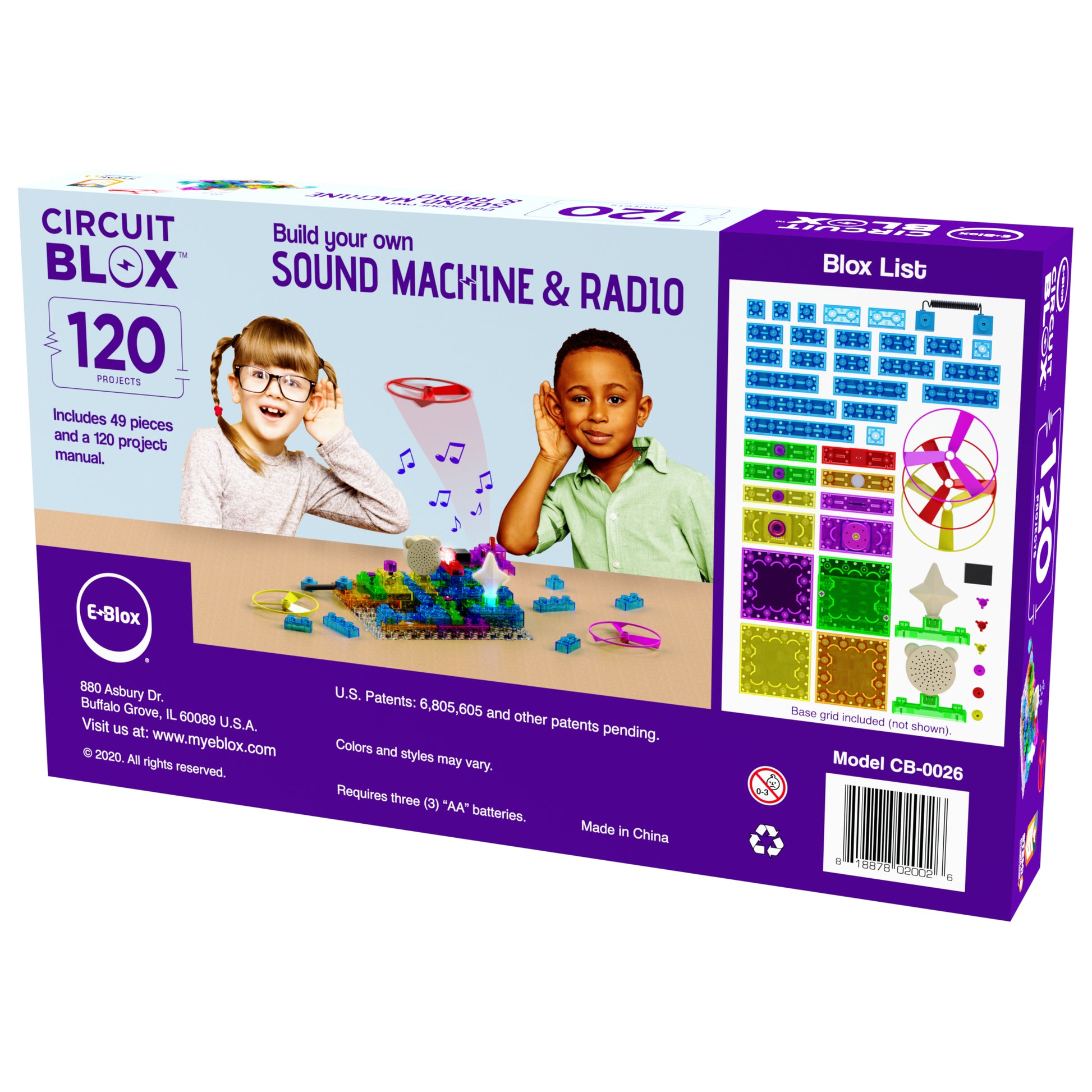 The Circuit Blox™ 120 Project Student Set - E-Blox® Circuit Board Building Blocks Educational Sets from E-Blox comes in a purple box and includes 120 pieces for building a sound machine and radio. The packaging features images of two smiling children, colorful blocks, and a list of components. It is an excellent tool for teaching STEM concepts while meeting NGSS requirements. Note that three AA batteries are required (not included) and can be found at the bottom right corner of the box.