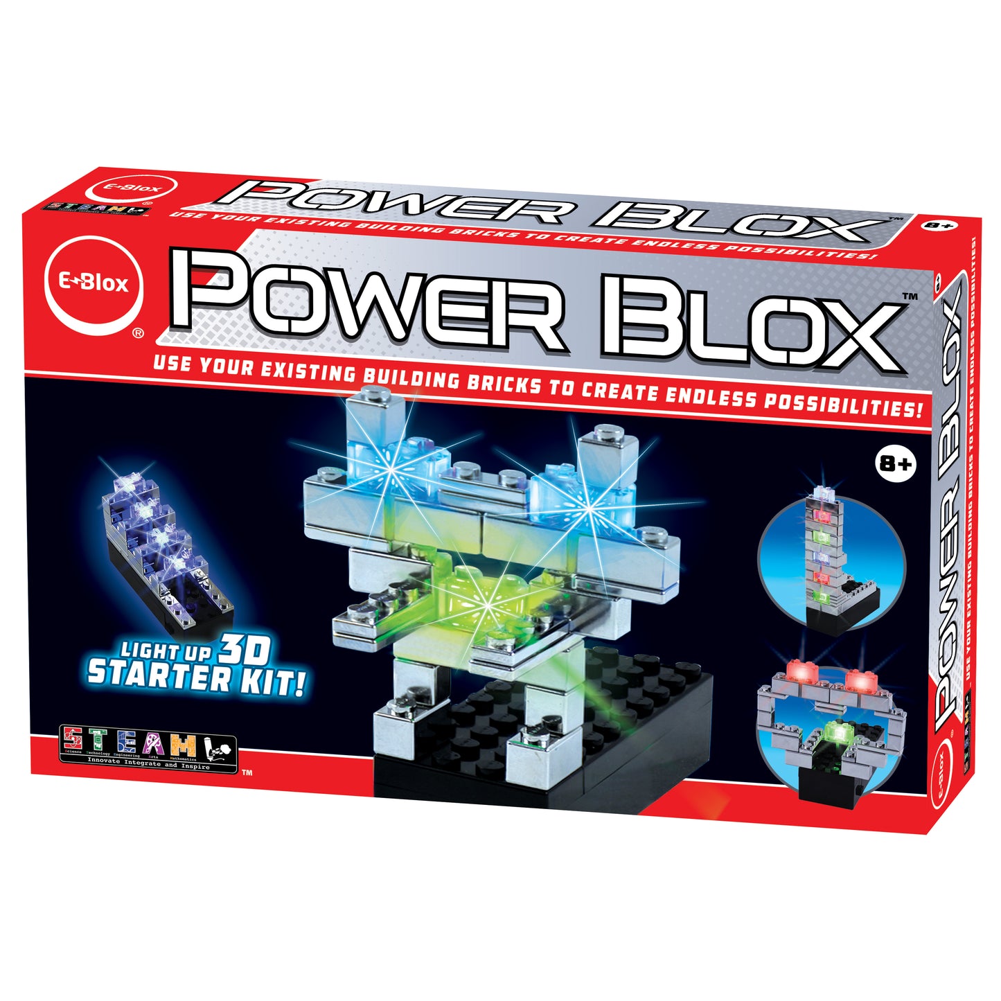 The image shows the box packaging of the "Power Blox™ Starter Set - E-Blox® - LED Building Blocks" by E-Blox. The box features images of colorful, illuminated building block structures and highlights that it can be used with existing building bricks. With patented technology, it's perfect for STEAM curriculum and suitable for ages 8 and up.