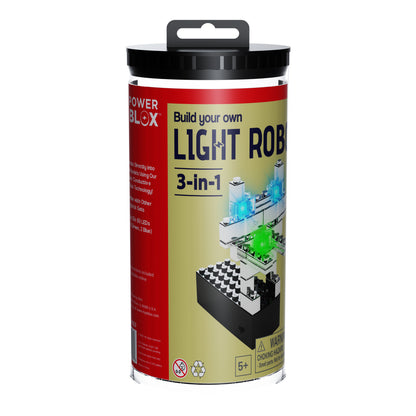 A cylindrical container labeled "Power Blox™ LED Light Robot Kit" from E-Blox is displayed. The container shows a robotic structure with light-up blocks, utilizing patented technology to build circuits. There is a warning sign at the bottom and an age recommendation of 5+.