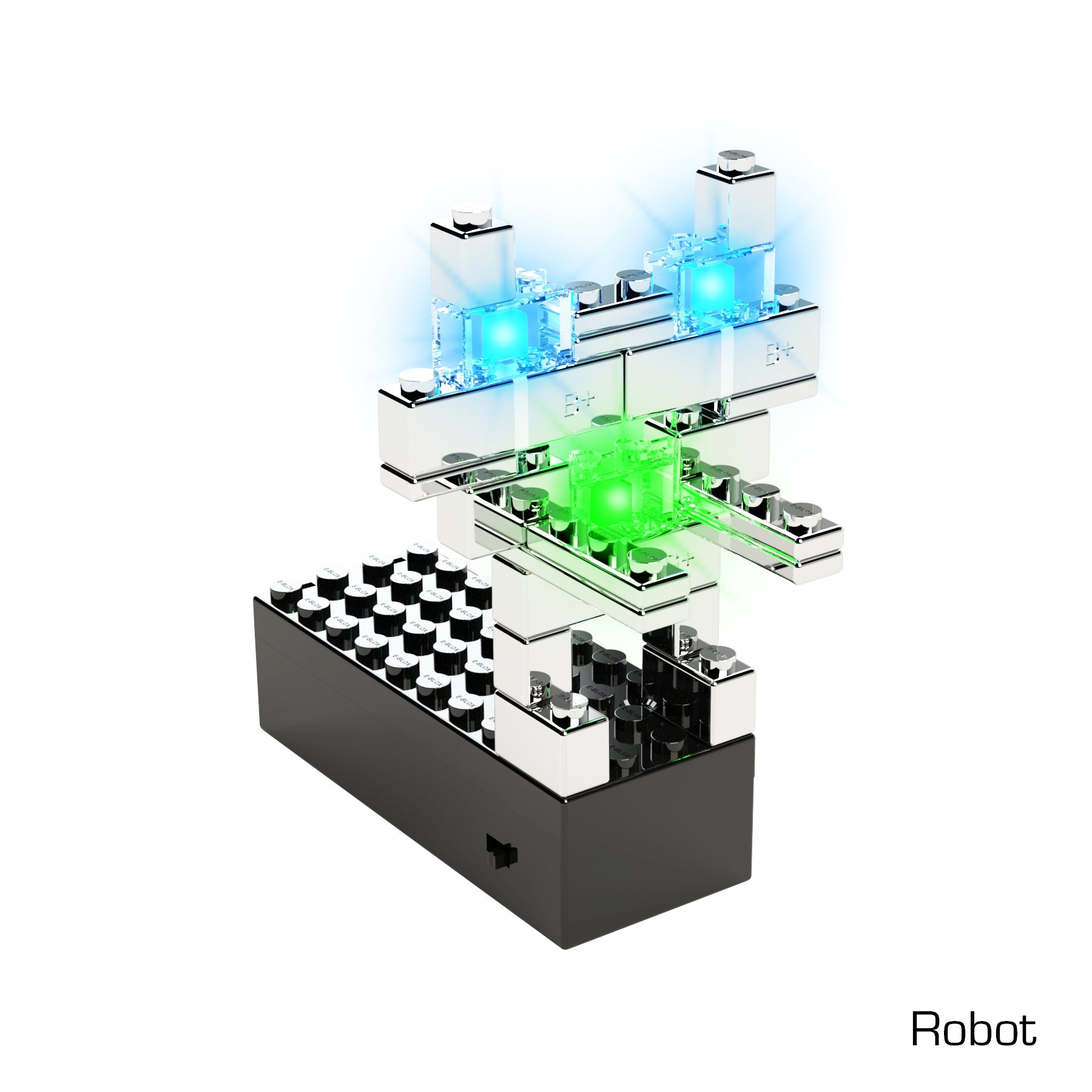 This image features the Power Blox™ LED Light Robot Kit by E-Blox, displaying a small robot constructed from clear and reflective building blocks with blue and green LED lights. It is mounted on a black rectangular base, with the word "Robot" written in the bottom right corner, demonstrating an ideal integration for the STEAM curriculum.