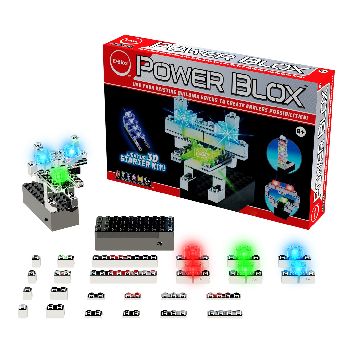 Image of the Power Blox™ Starter Set - E-Blox® packaging. The kit includes multiple building blocks, some with integrated LED lights in red, green, and blue. Featuring patented technology from E-Blox, it allows kids to build circuits as shown on the box's illuminated structure instructional image. Suitable for ages 8 and up.