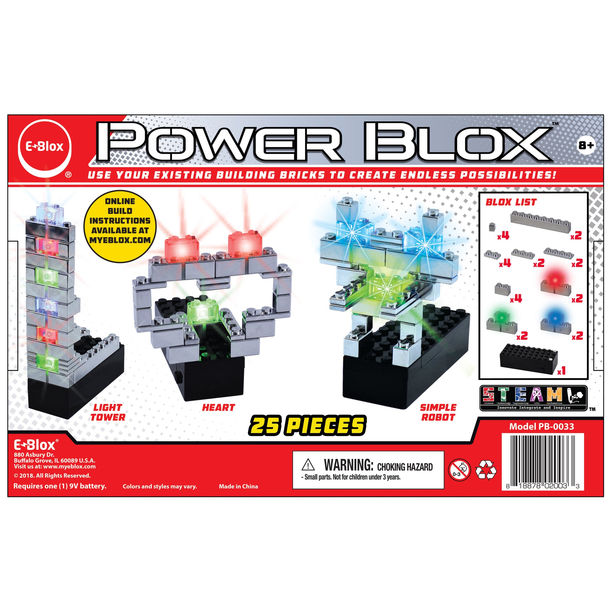 Box packaging of the E-Blox Power Blox™ Starter Set - LED Building Blocks (model PB-0033) highlights its 25-piece collection designed for constructing diverse projects such as a light tower, heart, and simple robot using patented technology. The package emphasizes compatibility with existing building bricks and integration with the STEAM curriculum. Note that the set requires one 9V battery, which is not included.