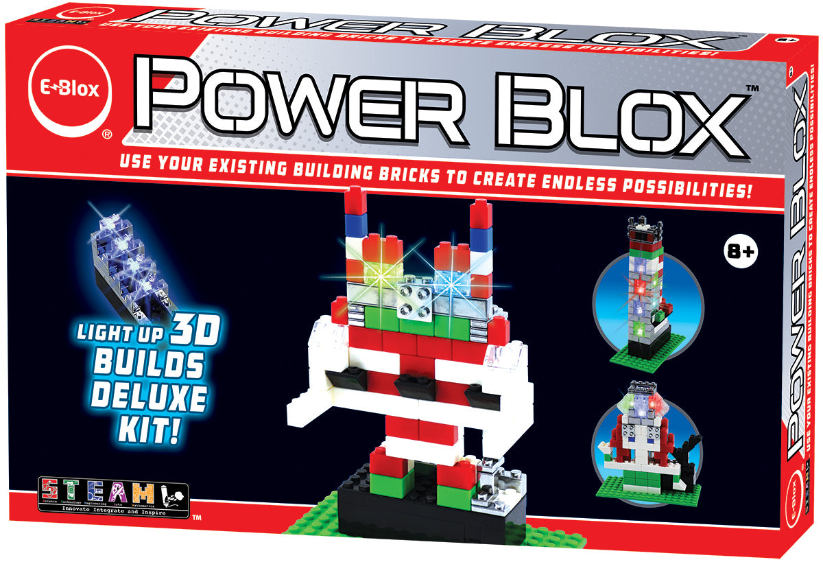 The Power Blox™ Builds Deluxe Set by E-Blox® comes in a vibrant red box featuring "Light Up 3D Builds Deluxe Kit!" prominently on the front. The packaging showcases various illuminated brick creations, including a robot. This innovative toy set enhances creativity and is compatible with existing building blocks, designed for children aged 8 and up.