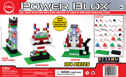 Box with E-Blox Power Blox™ Builds Deluxe Set - E-Blox® LED Light-Up Building Blocks containing 104 pieces to build creative models like Color Light Tower, Color Robot, and Mermaid. The box includes illustrations of these model builds and a warning for choking hazards. Model number PB-0057 is mentioned. Suitable for ages 8 and up, great for STEAM curriculum.
