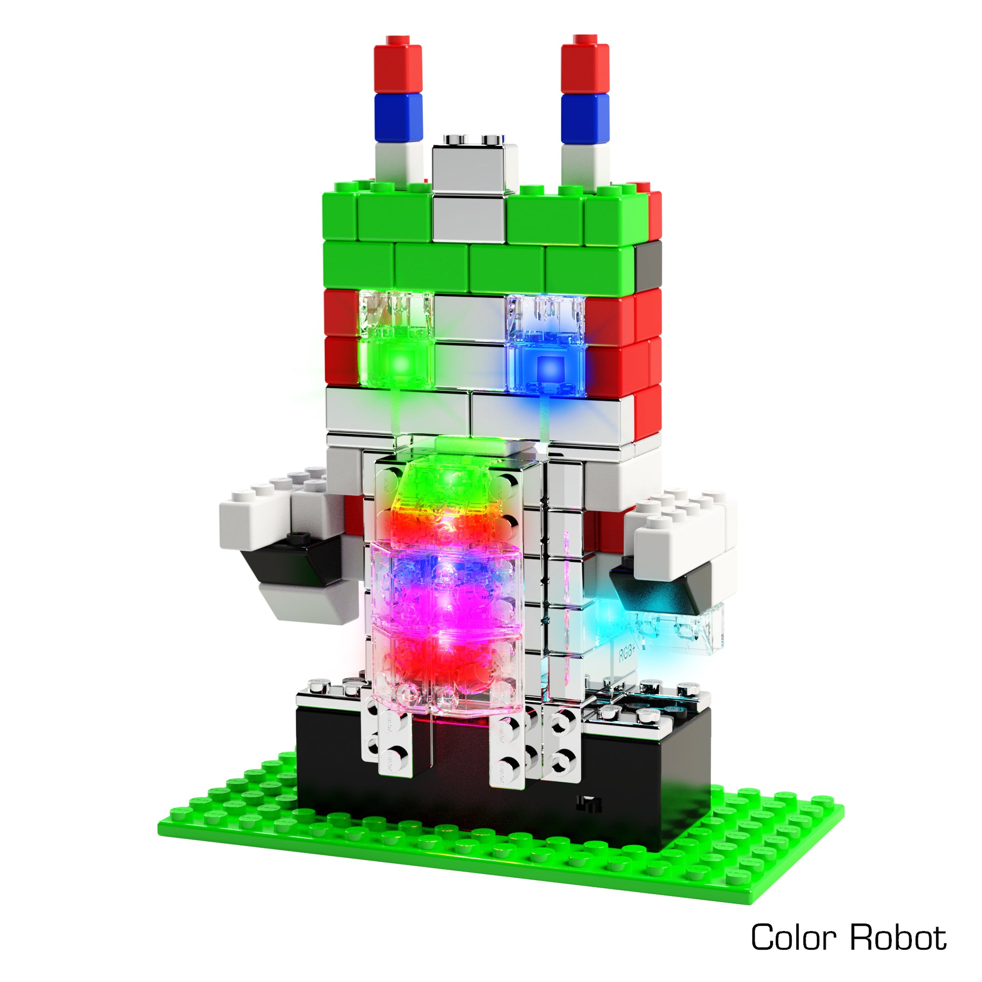 A blocky, colorful robot made from E-Blox® LED Light-Up Building Blocks stands on a green baseplate. Its body includes various colored lights, and it has two red and blue antennae on top. The text "Color Robot" is written in the bottom right corner, highlighting creativity and aligning with the STEAM curriculum.