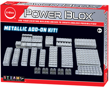 The image shows the packaging of the "Power Blox™ Metallic Building Blocks Add-On Set - E-Blox®." The front of the box displays an array of metallic building bricks of various sizes and shapes. The package highlights its unique power blocks, suitable for ages 8+, and promotes STEAM education through a patented design.