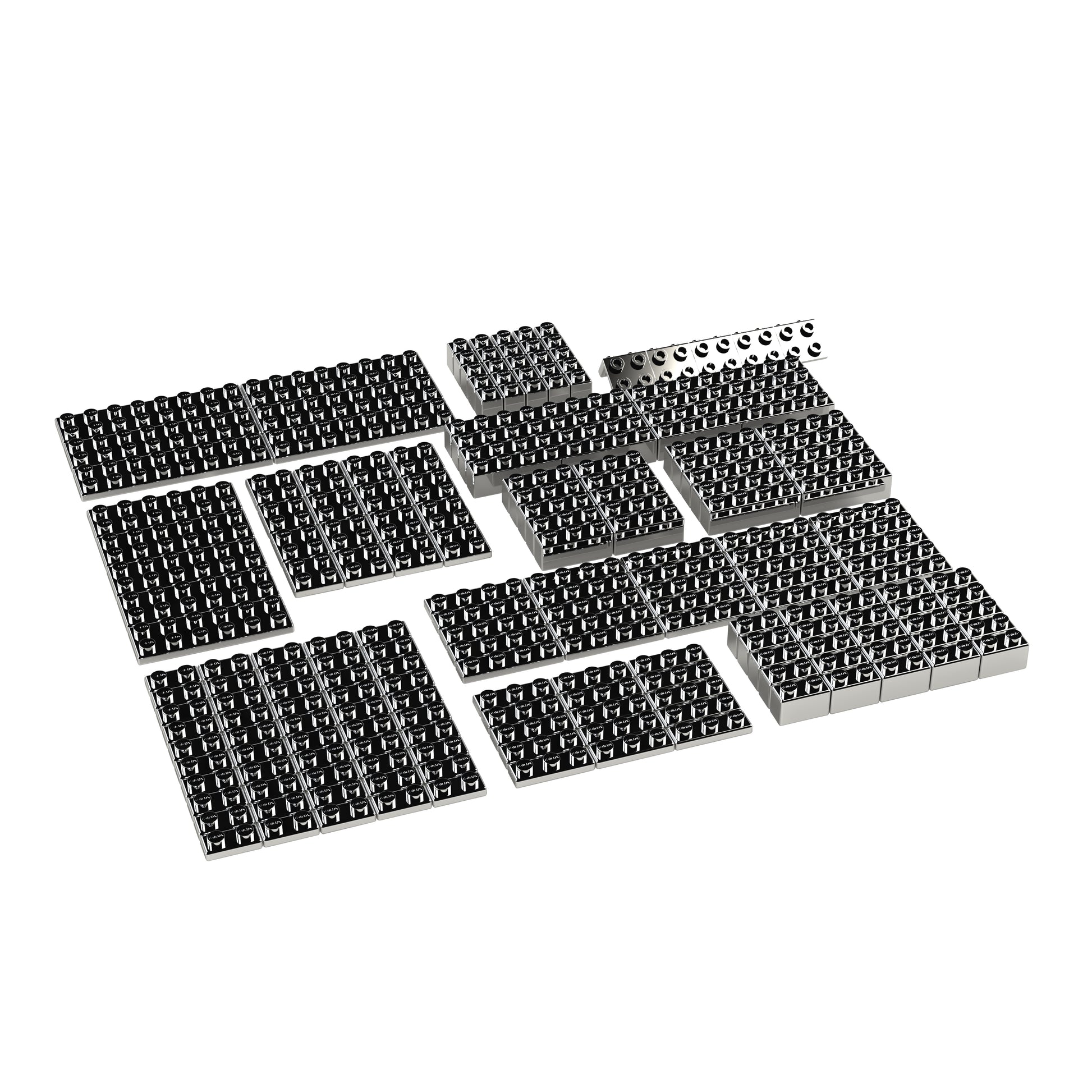 A collection of various black Qwerty keyboard keycaps arranged in different-sized grids, placed on a white background, reminiscent of E-Blox® Power Blox™ Metallic Building Blocks Add-On Set, with some grids appearing rectangular or square and all displaying different amounts of keys.