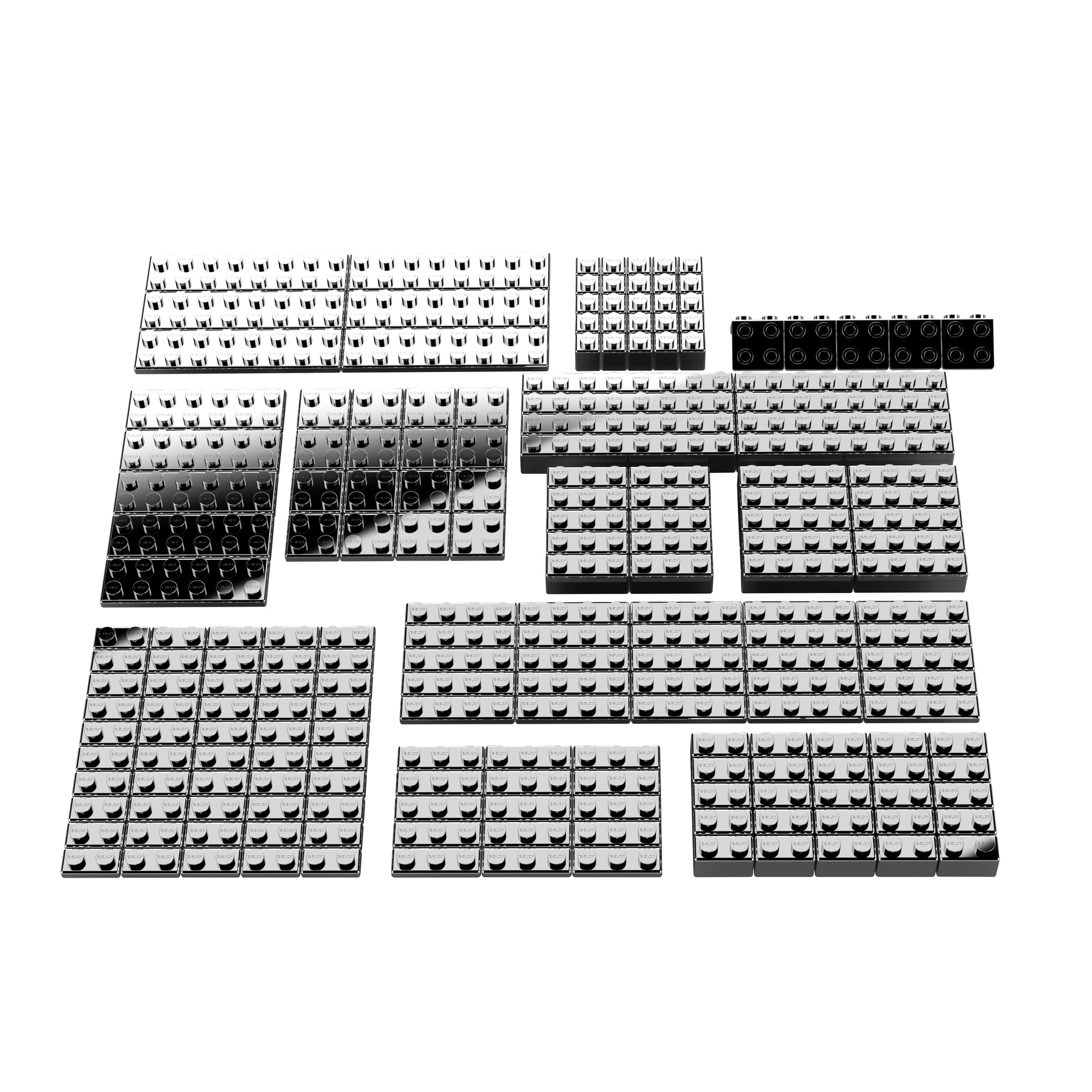 A selection of E-Blox metallic building blocks from the Power Blox™ Add-On Set is neatly arranged in sections by size. The collection includes various sizes and shapes, each group perfectly aligned in rows and columns on a white background.