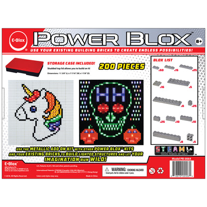 The image shows the packaging for the Power Blox™ Metallic Building Blocks Add-On Set by E-Blox®, featuring 200 patented blocks. The box displays two example creations: a unicorn with a rainbow mane and a colorful skull. It highlights the inclusion of a storage case and emphasizes creativity with existing building bricks, fitting seamlessly into any STEAM curriculum.