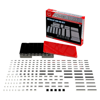 Image of a Power Blox™ Metallic Building Blocks Add-On Set - E-Blox® showcasing various patented blocks in metallic colors, neatly organized in rows. The unique power block set box branded with "E-Blox" is shown in the background with an open container and numerous small pieces laid out in front, perfect for enhancing any STEAM curriculum.