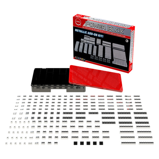 Image of a Power Blox™ Metallic Building Blocks Add-On Set - E-Blox® showcasing various patented blocks in metallic colors, neatly organized in rows. The unique power block set box branded with "E-Blox" is shown in the background with an open container and numerous small pieces laid out in front, perfect for enhancing any STEAM curriculum.