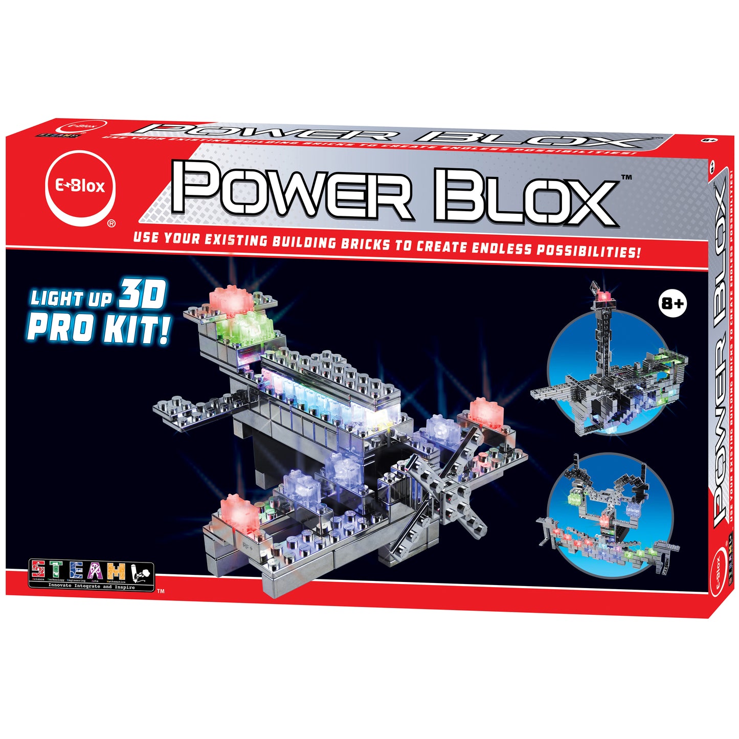 A vibrant box for the "Power Blox™ Pro Set - E-Blox® - LED Light-Up Building Blocks," highlighting a constructed model with radiant blocks. It displays examples of built structures featuring bright LED lights, inspiring creativity as part of the STEAM curriculum. The predominantly red and black packaging is designed for children aged 8 and above.