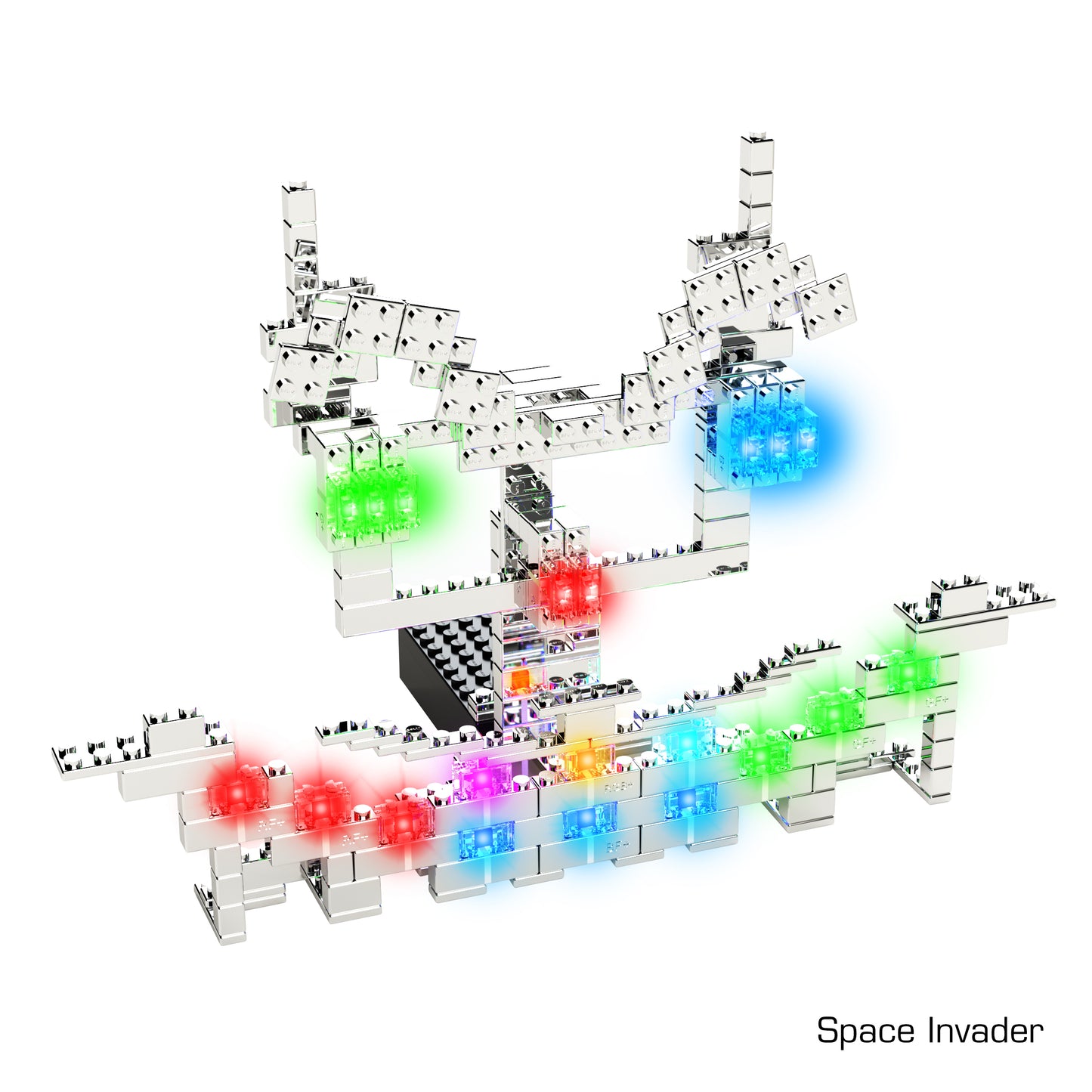 A creation made from the Power Blox™ Pro Set - E-Blox® by E-Blox, featuring white LED light-up building blocks arranged to resemble the video game character Space Invader. This intricate structure is illuminated with green, red, blue, and purple LEDs, showcasing creativity. The phrase "Space Invader" is displayed in the bottom right corner.