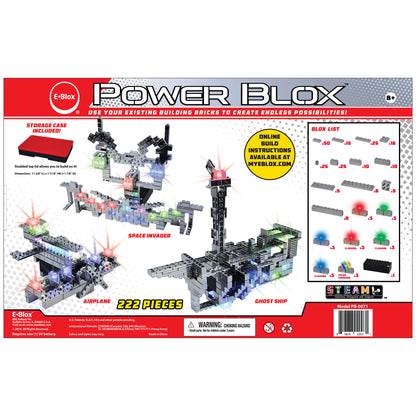 The image shows the back of a "Power Blox™ Pro Set - E-Blox® - LED Light-Up Building Blocks" toy brick set box by E-Blox. The set includes 222 pieces, enabling you to create various models such as a Space Invader, Airplane, and Ghost Ship. Fostering creativity and aligning with the STEAM curriculum, there is a list of components, model illustrations, and links to online instructions.