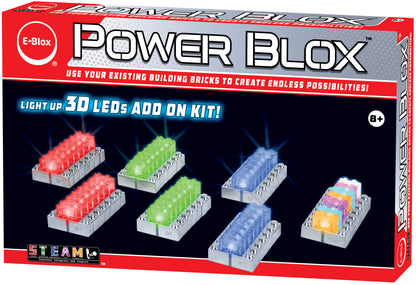 A box for the Power Blox™ LED add-on set by E-Blox®, labeled for ages 8 and up. The packaging showcases colorful, light-up LED building blocks in red, green, blue, and multi-color variations. This STEAM curriculum creativity toy is designed to enhance existing building bricks for imaginative play with 3D circuits.