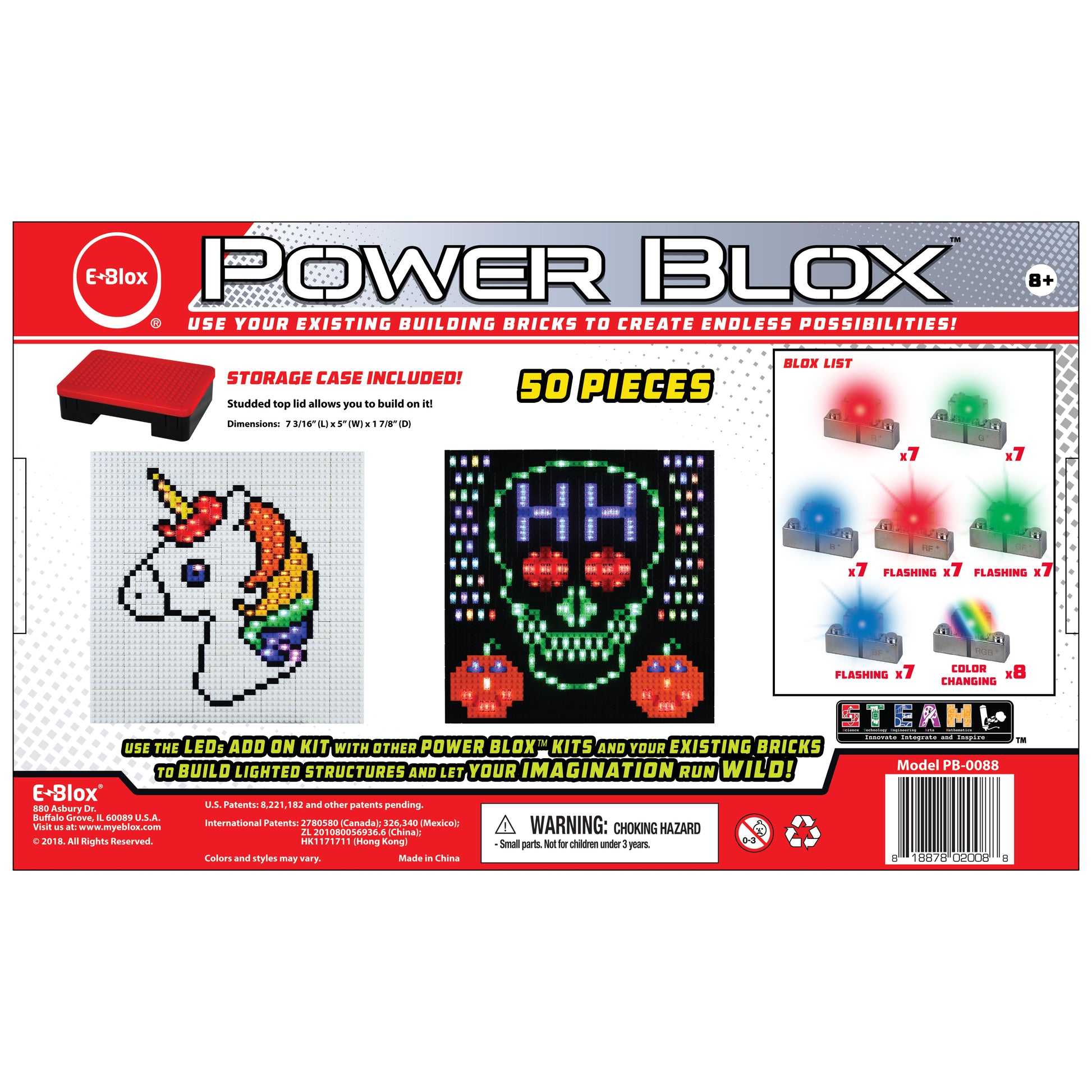 The image showcases the packaging of the "Power Blox™ LED add-on set" by E-Blox®, which contains 50 pieces. The box displays images of a unicorn and a skull constructed from vibrant LED blocks. This creative toy, designed for children aged 8 and up, aligns with the STEAM curriculum and includes a storage case.