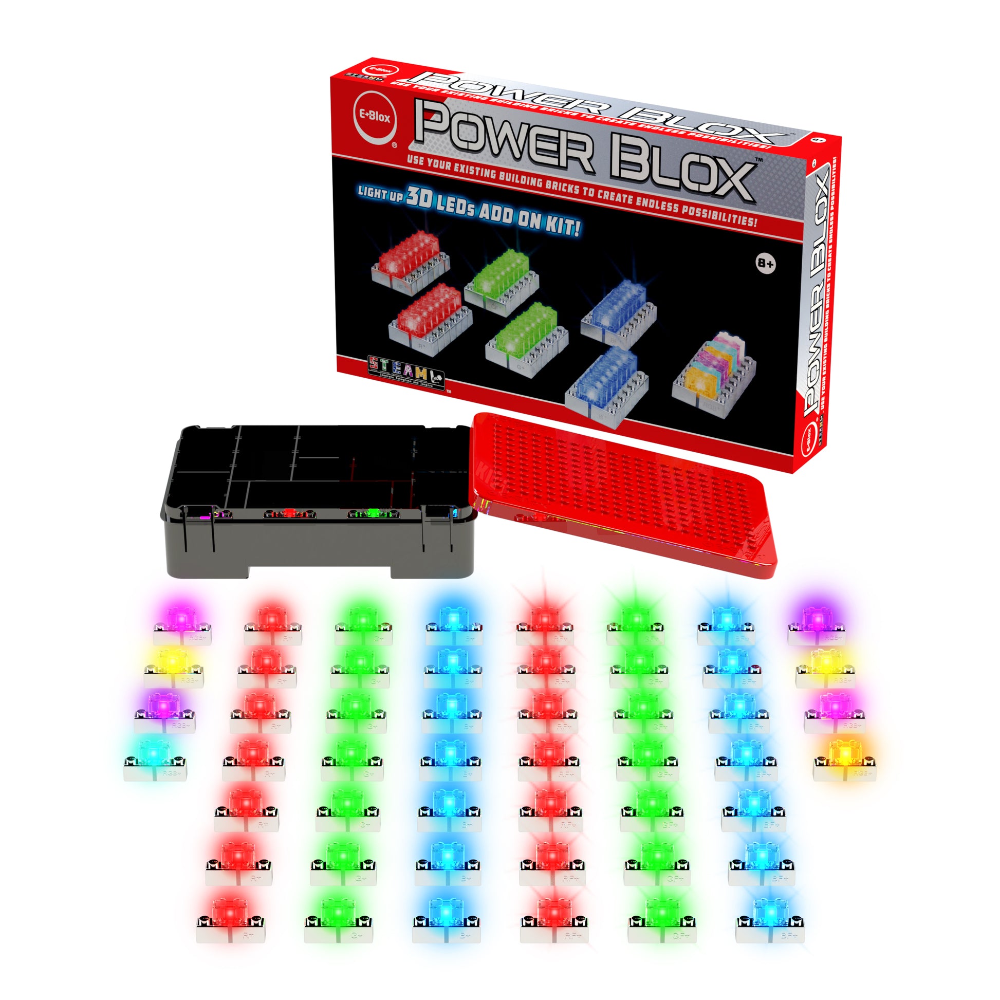 The image shows the Power Blox™ LED add-on set by E-Blox®, an educational creativity toy that includes colored LED blocks in red, green, blue, and white, arranged in rows. The set also contains a black power base, a red storage tray, and packaging displaying the E-Blox logo and components—perfect for STEAM curriculum activities.